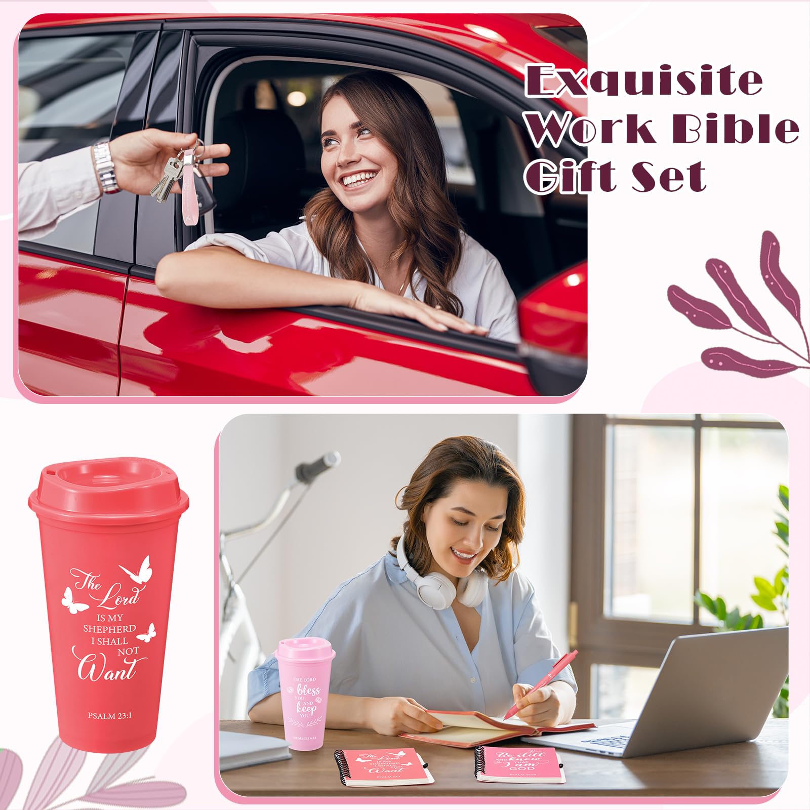 Skylety Set di 12 tazze da caffè da 48 pezzi, regalo cristiano, bibbia, religioso, con blocco note cristiano, penna portachiavi, per donne, personale, squadra, amici (sfumato rosa)
