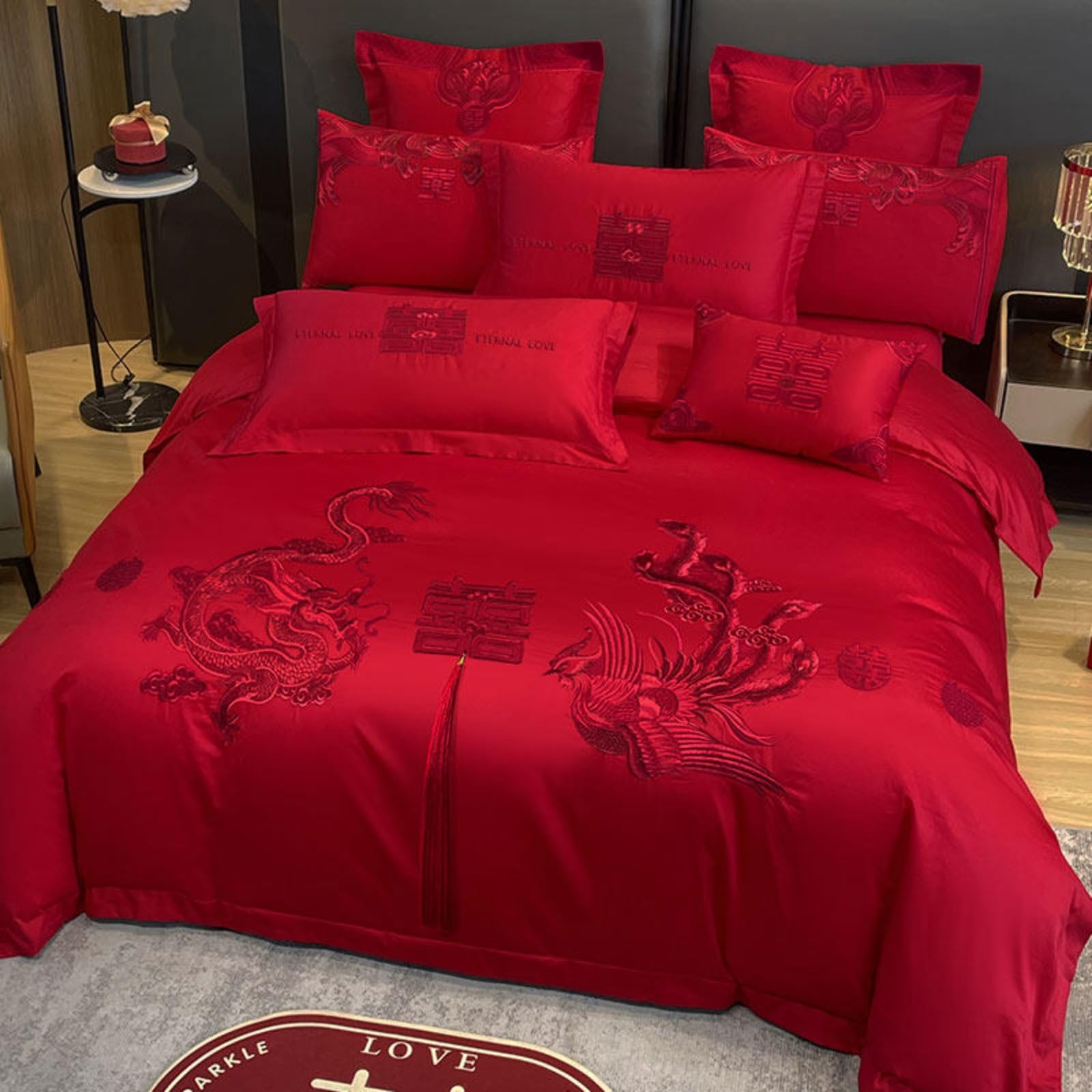 Parure de lit broderie dragon et phénix 6 pièces lit double rouge