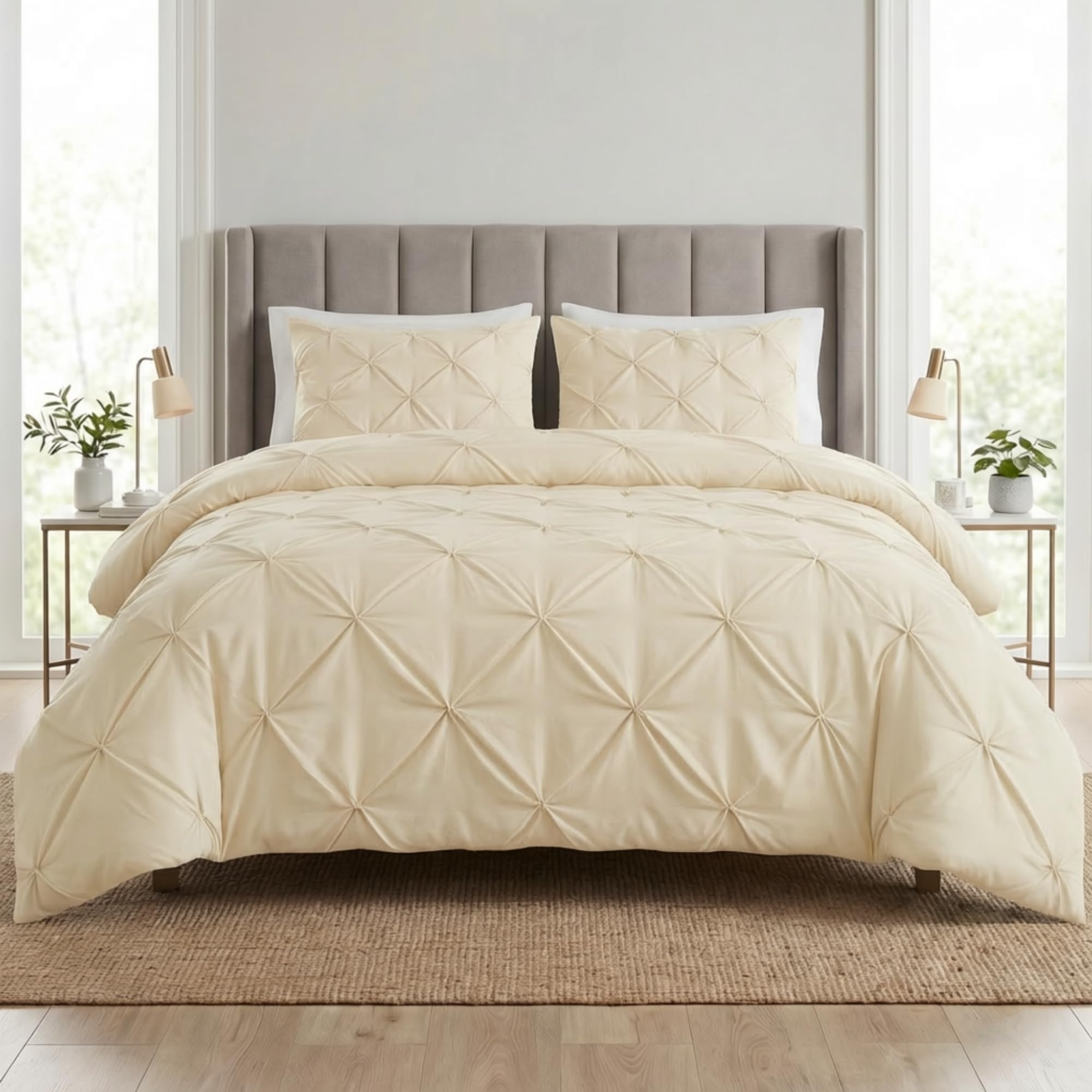 Q & H QUALITY HOUSEHOLD Q&H Pintuck Single Duvet Cover Set Cream with Pillow Cases - Soft Brushed Microfiber Quilt Cover - Breathable, Wrinkle Resistant, Easy Care Bedding Set