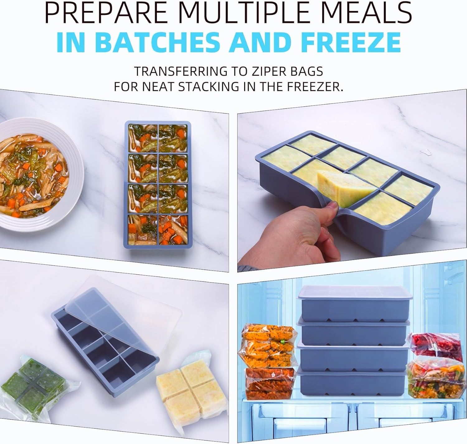 1/2 Cup Silicone Freezer Tray With Lid - Silicone Freezer Molds 4-Pack For meal prep & freezing of various sauces and other dishes, makes 32 perfect 1/2 cup portions cubes (Blue 4 Pack)