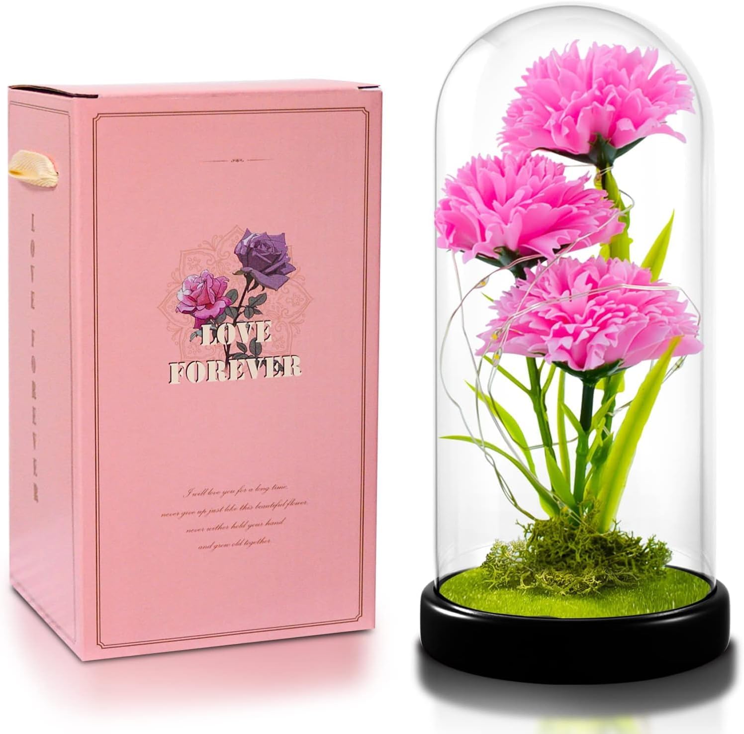 QUELIEN Mothers Day Carnation Flowers Gifts for Mom,Pink Artificial Carnation in Glass Dome with Led Light for Mother's Day,Birthday,Christmas