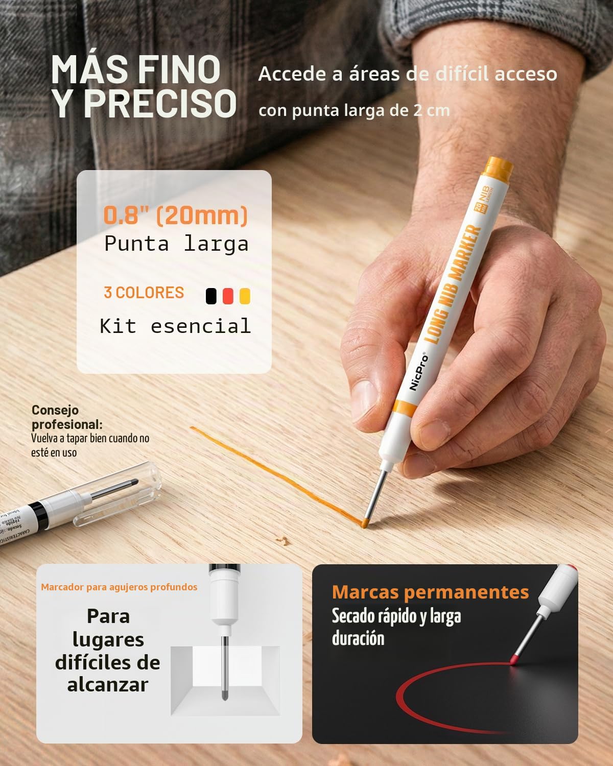 Nicpro 3 piezas CP1000 lapiz carpintero profesional con sacapuntas, portaminas de carpintero con 39 recambios, rotuladores de punta larga y profunda, lápiz resistente para carpintería