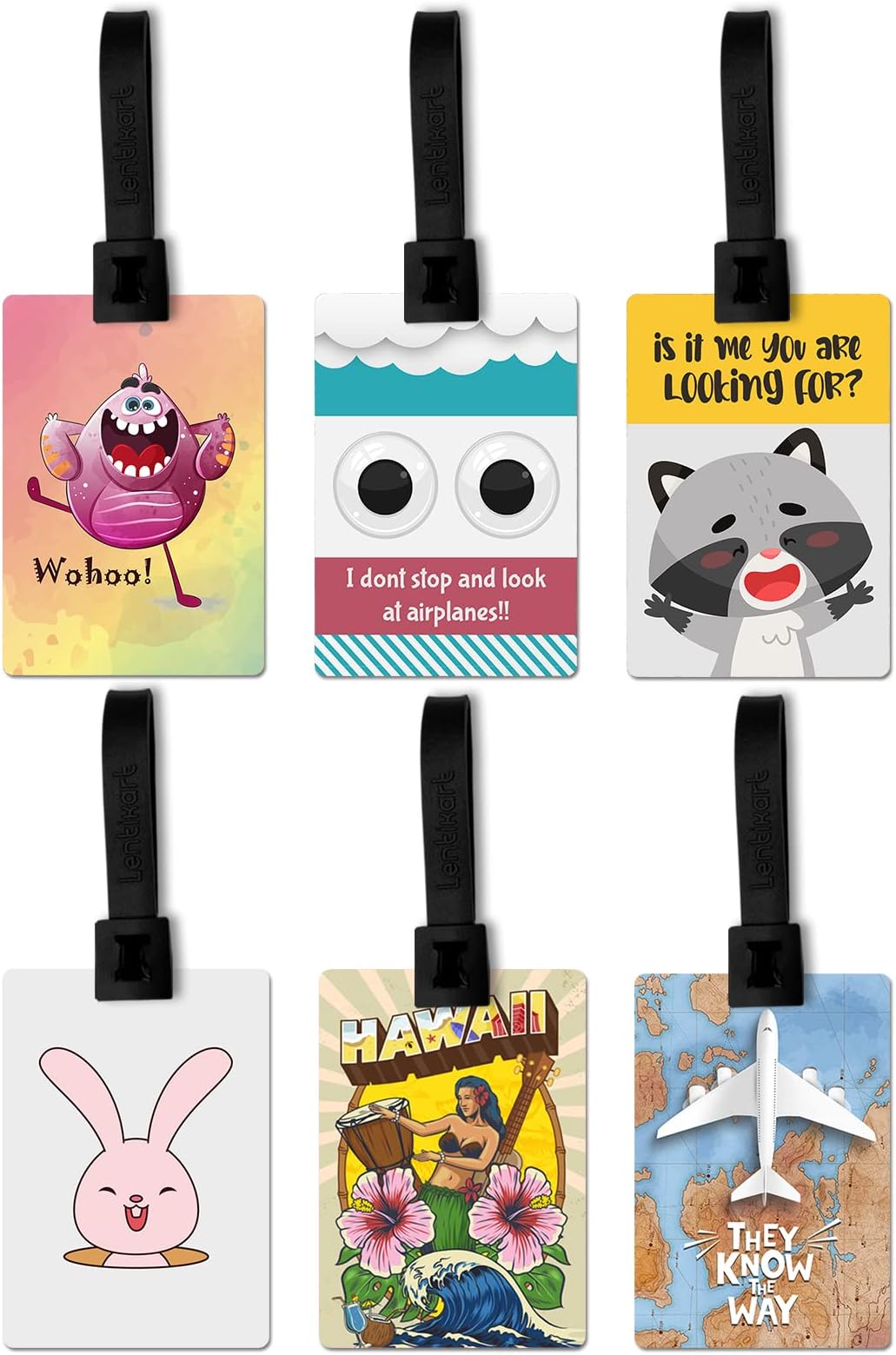 LentikartLentikart 3D Lenticular Luggage Tag Set of 6 | Paper Plane + Happy Monster + Hawaii + Hello + Look at Sky + Bunny | Luggage/Bag/Travel ID Label Tags for Suitcase & School Bags