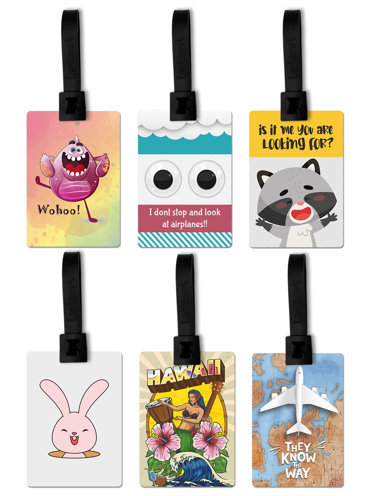 LentikartLentikart 3D Lenticular Luggage Tag Set of 6 | Paper Plane + Happy Monster + Hawaii + Hello + Look at Sky + Bunny | Luggage/Bag/Travel ID Label Tags for Suitcase & School Bags