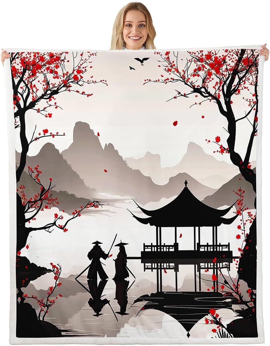 Feelyou Japanese Samurai Sherpa Blanket Throw 50"x60" Landscape Fleece Throw Blanket for Bed Sofa Couch Kids Women Men Ultra Soft Japan Themed Plush Blanket Floral Fuzzy Blanket Flannal Blanket