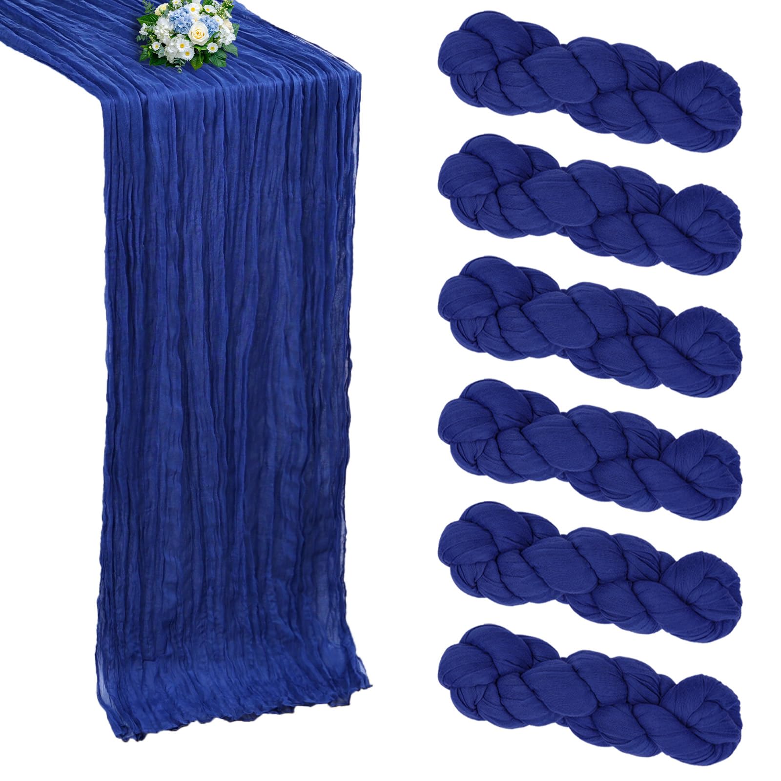 Photo 1 of RestfulGlow 6 Pack Royal Blue Cheesecloth Table Runner 10FT Boho Cheese Cloths Gauze Fabric Table Runners 120 Inch Rustic Sheer for Summer Wedding Birthday Party Baby Shower Holiday Home Decorations