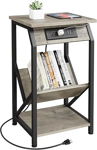Miniatura 7 de Amyove Mesa auxiliar con estación de carga, mesa auxiliar gris con puertos USB y tomas, mesa auxiliar de almacenamiento de granja en sala de estar,