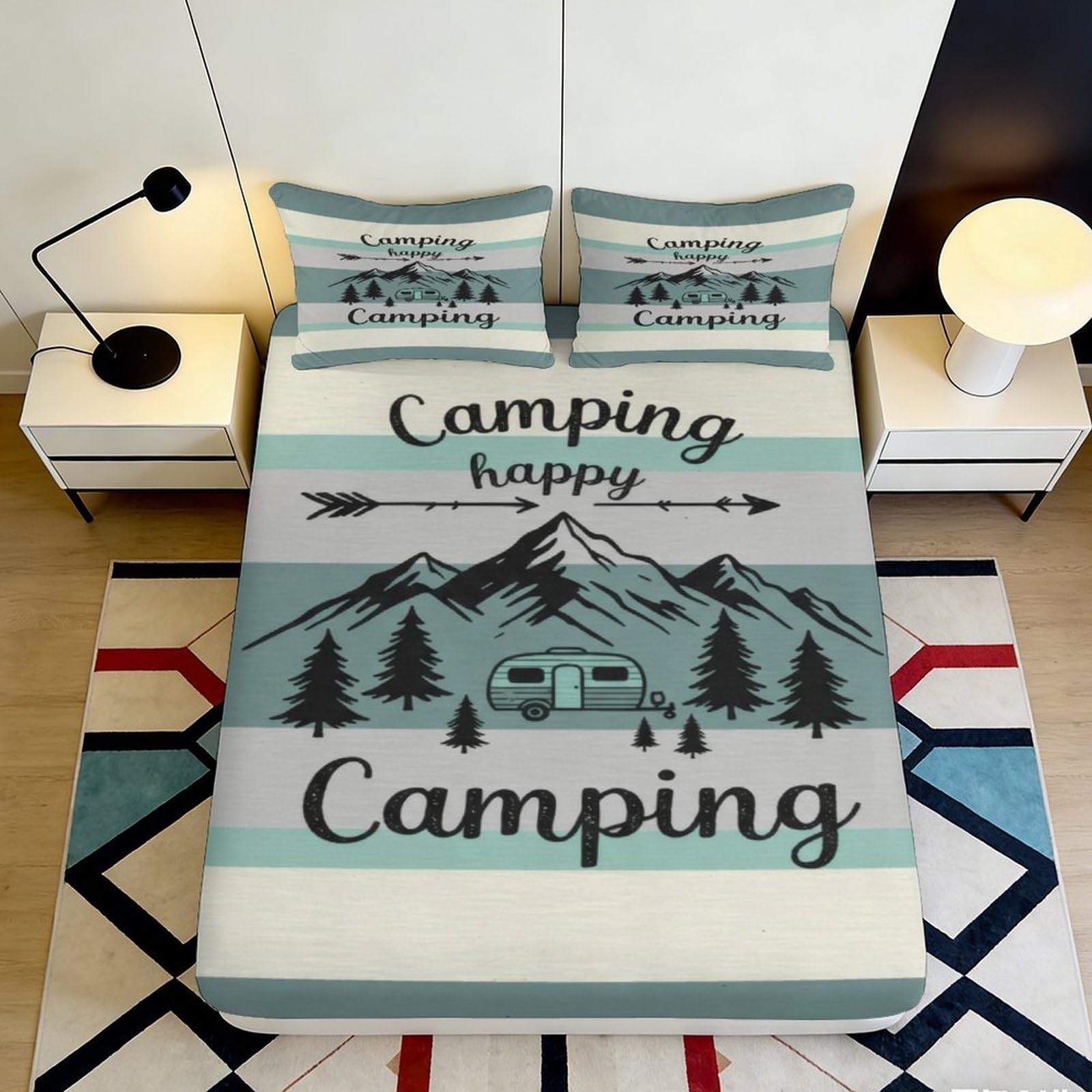 3D Printed Camping Mountain Landscape Fitted Sheet Microfiber Soft Breathable Happy Camper Mattress Cover Bedroom Decor 90x200x25cm