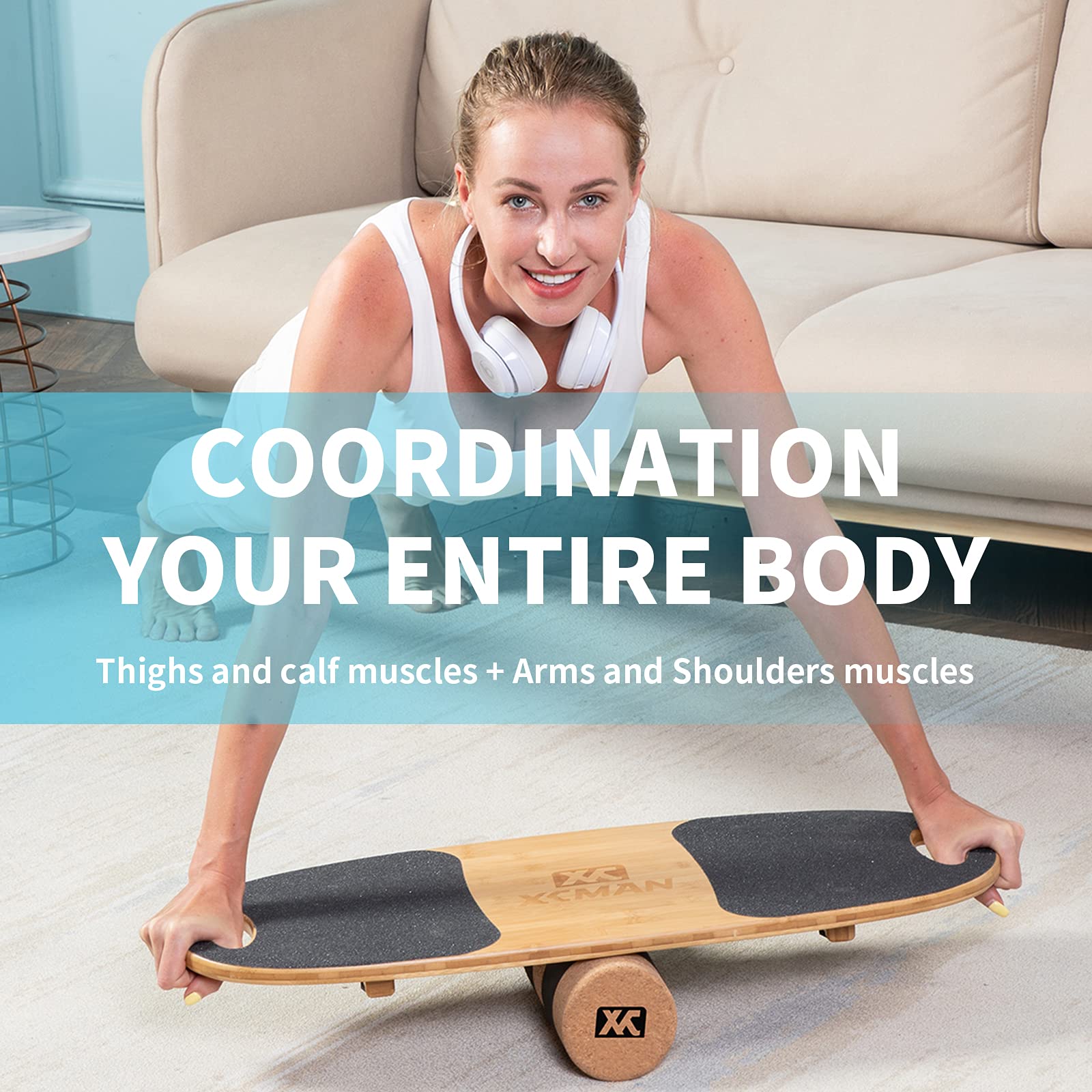 XCMAN Balance Board Trainer in bambù con tappi regolabili – 3 diverse opzioni di distanza | Balance Board per surf, snowboard, sci, skateboard e allenamento yoga