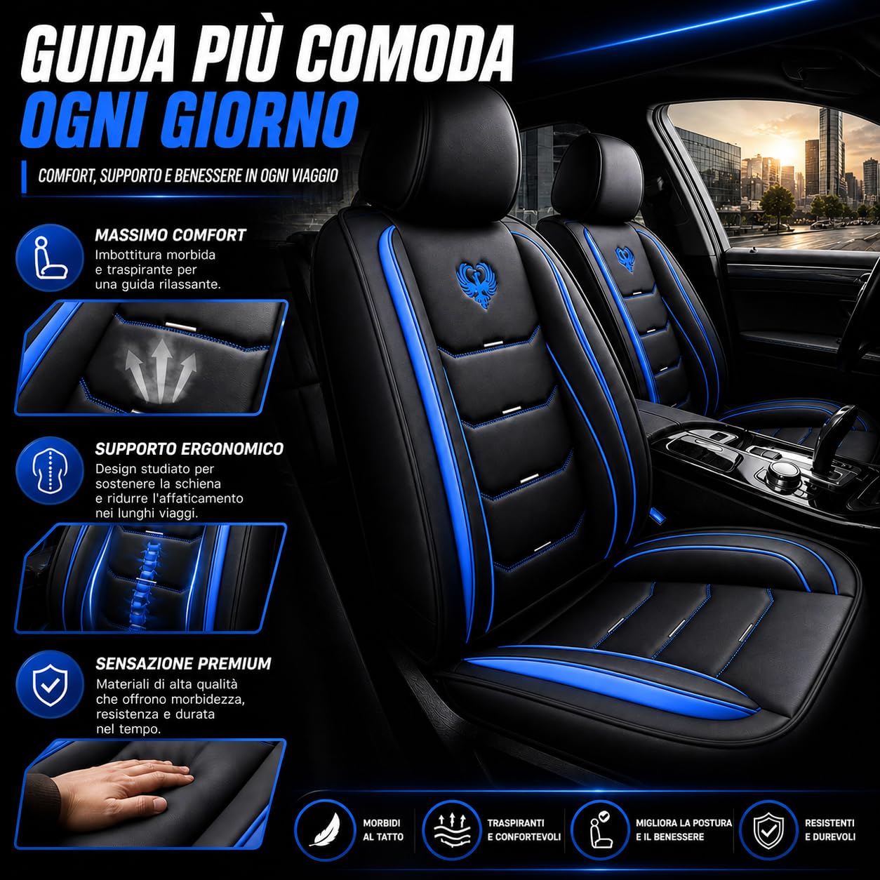 car passion 2 Housses Sportives universelles pour sièges Auto en Simili Cuir Avant avec appuie-têtes, compatibles airbags latéraux, Look Dynamique (2 Housses Bleues)