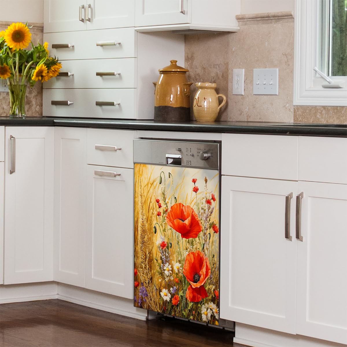 Mexpekil Geschirrspüler-Magnetabdeckung für Türfront, Vintage-Mohnblumen-Gemälde, wiederverwendbar, dekorative Platte für Geschirrspüler, Kühlschrank, 53,3 x 66 cm