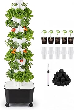 8 Tiers 40 Pods Outdoor Hydroponics Tower for Herbs & Greens | Durable ABS Space-Saving Vertical Tower, Smart Water Circulation, 360 Wheels for Easy Mobility, Beginner-Friendly Setup
