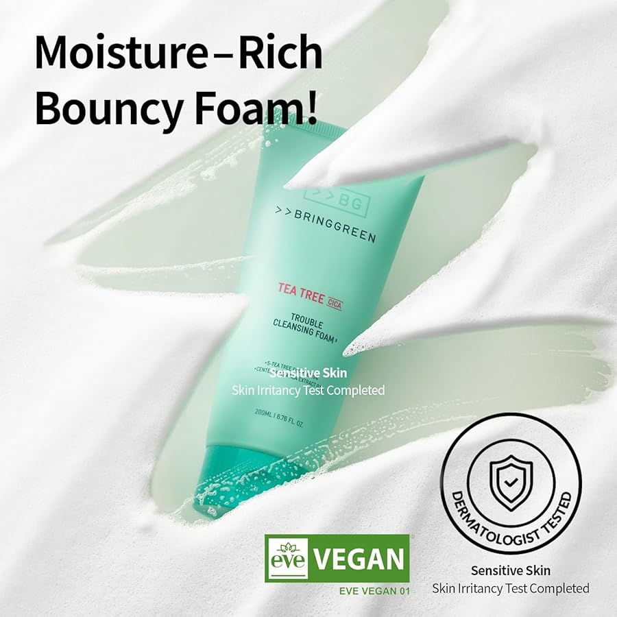 BRING GREEN Tea Tree Cica Trouble Cleansing Foam | Mild Cleanser for Exfoliation, Removes Blackheads, Whiteheads, Facial Residue, for Trouble, Irritated, Sensitive Skin (10.1 Fl. Oz., 300ml) - image 3