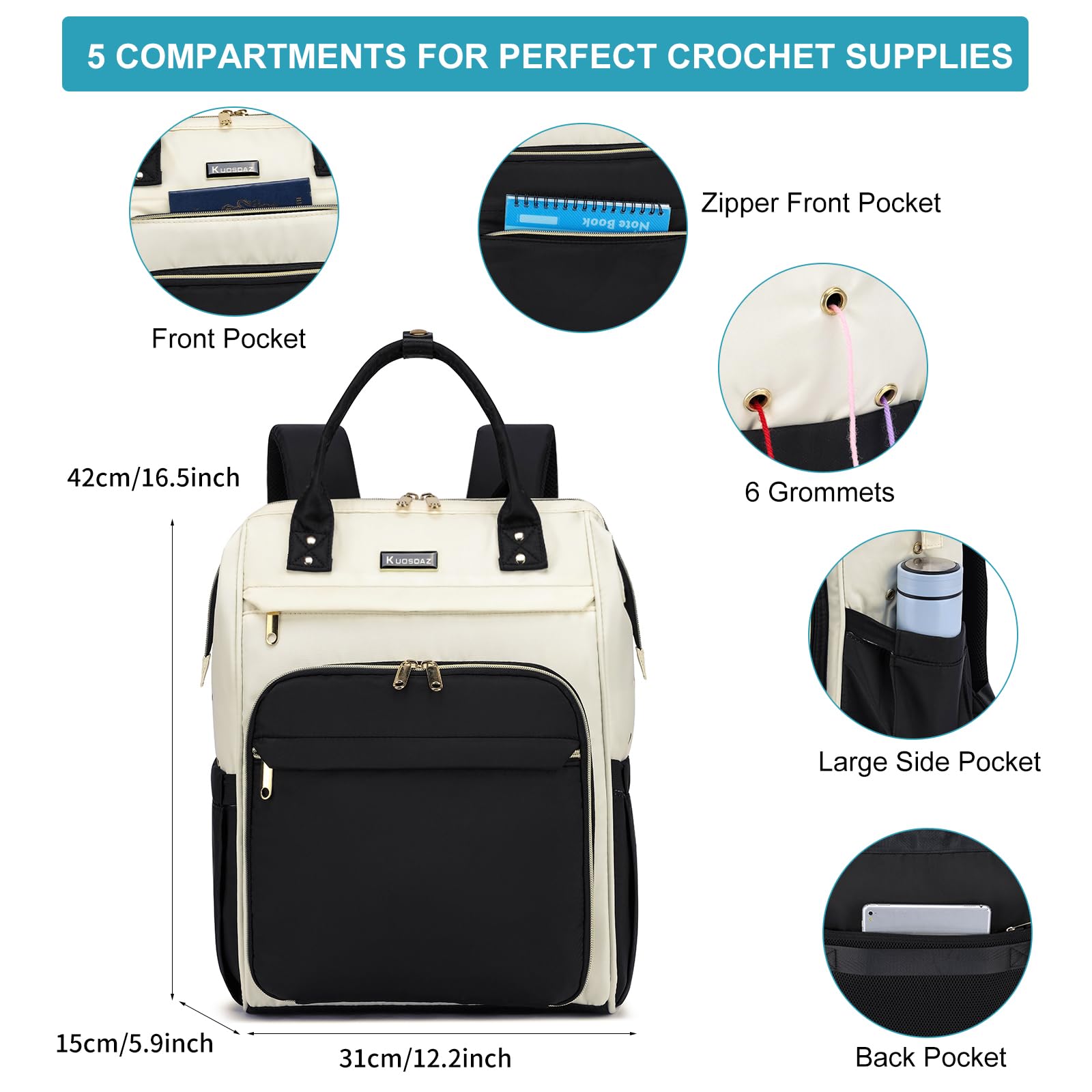 Kuosdaz Crochet Bag Backpack, Large Yarn Storage Crochet Organizer, Christmas Gifts Travel Crochet Backpack for Women, Knitting & Crochet Accessories for Crochet Hooks, Black & White