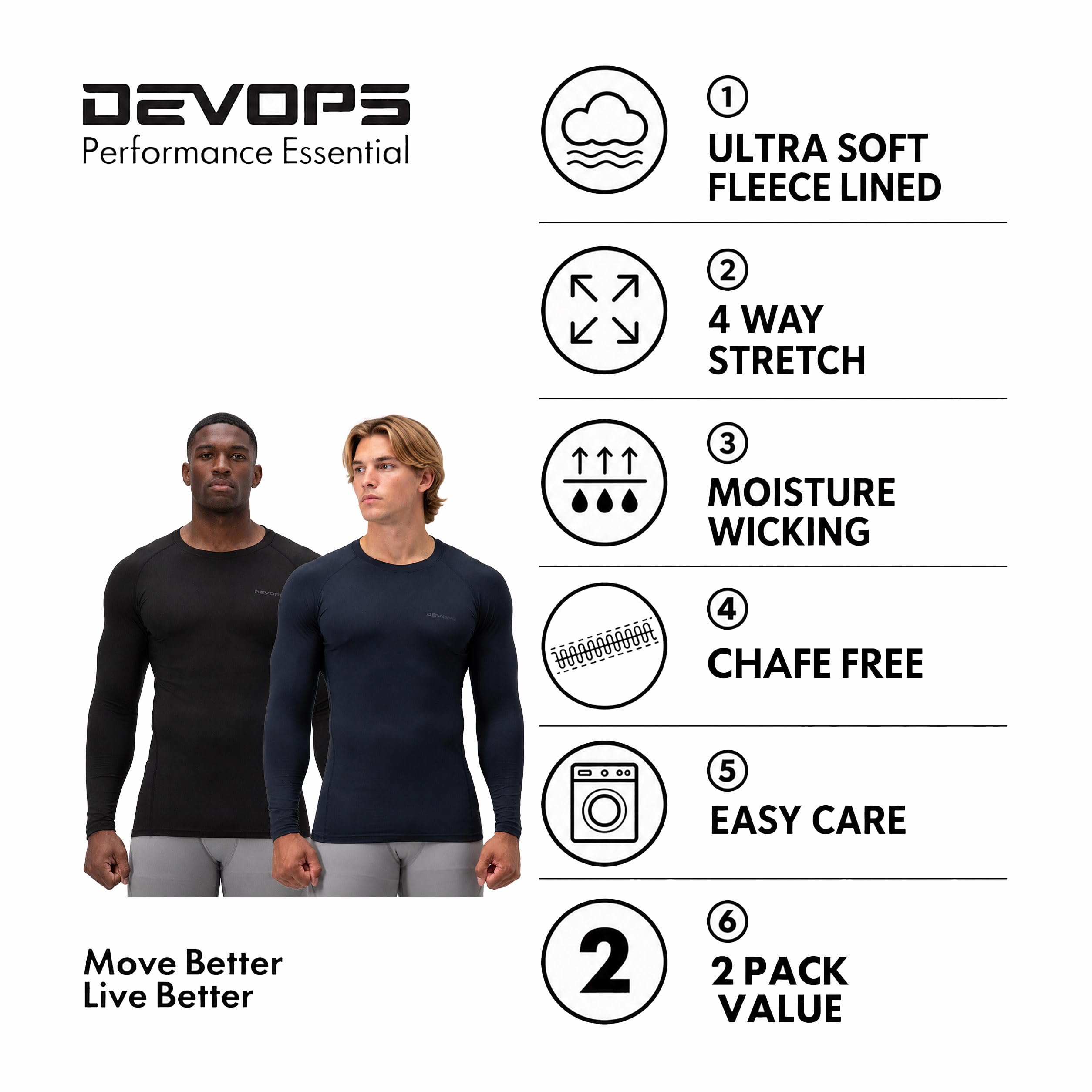 Devops Devops 2 Pack Men's Thermal Long Sleeve Shirts Fleece Lined Base Layer Tops Manga Larga Hombre (Pack de 2)