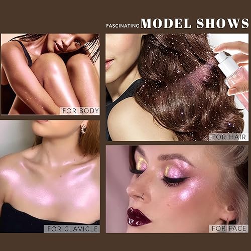 Vista 30 de Spray de purpurina corporal, brillo corporal de bronce hidratante, iluminador de brillo de brillo de secado rápido y no pegajoso para brillo facial