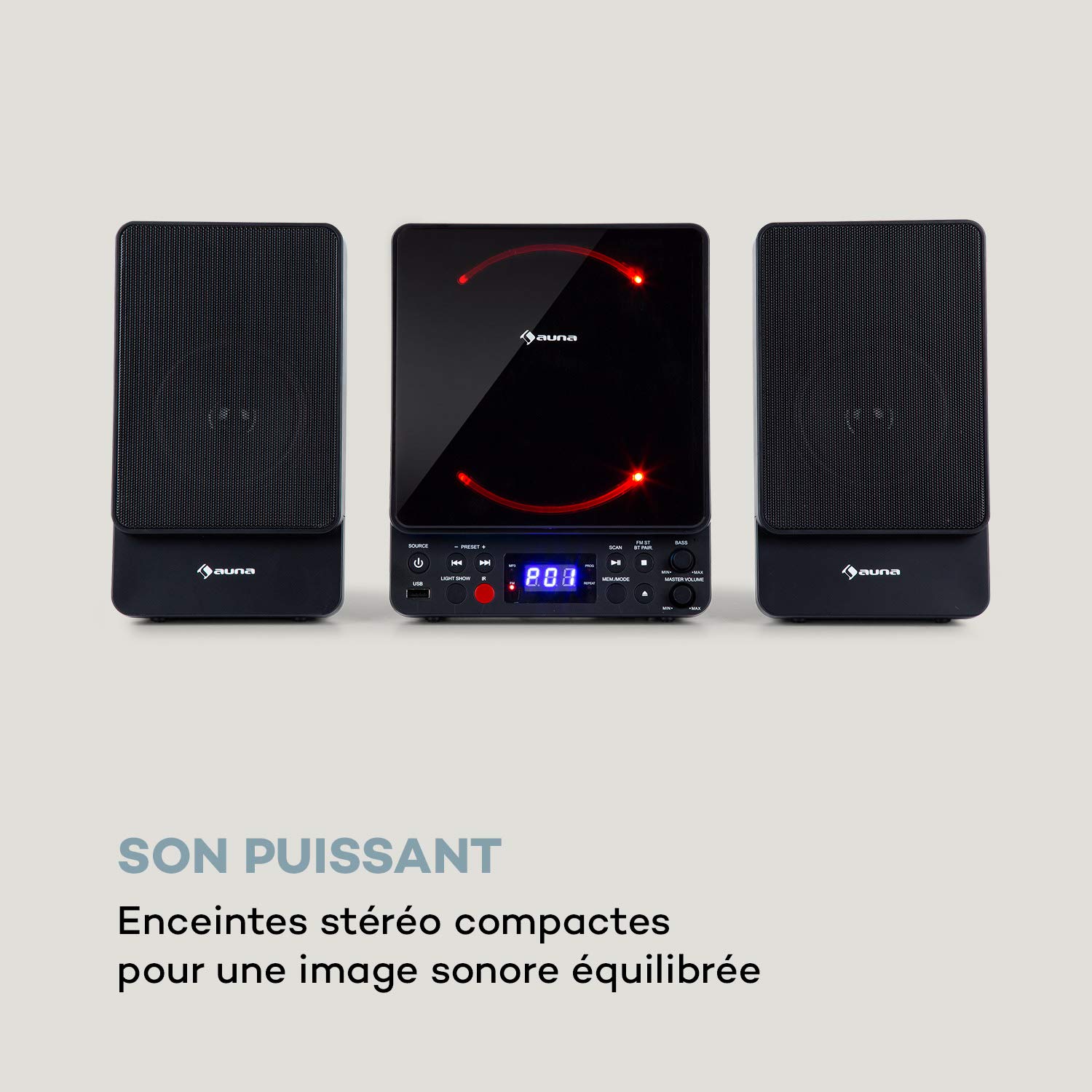 AUNA Microstar - Micro-chaîne Verticale, Lecteur CD, Bluetooth, Enceintes stéréo, Port USB, Tuner FM, AUX-in, écran LCD, éclairage d'ambiance, Installation Murale ou Pose Libre - Noir