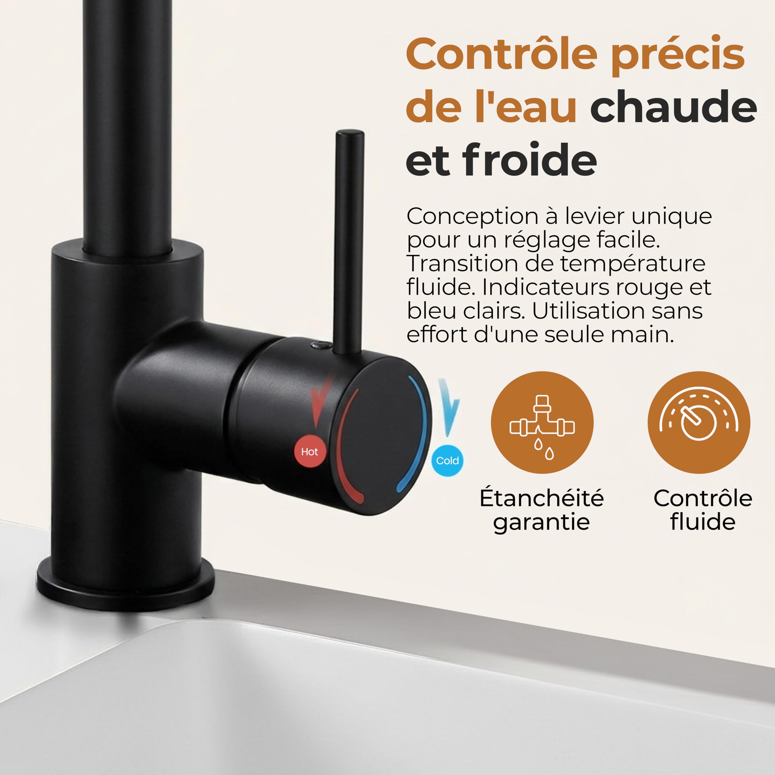 MELTA. Robinet Cuisine Pivotant 360° – Mitigeur Évier Arc Élevé en Acier Inoxydable, Robinet Cuisine avec Levier Unique, Robinet Évier Cuisine Moderne, Installation Facile (NOIR MAT) - 4