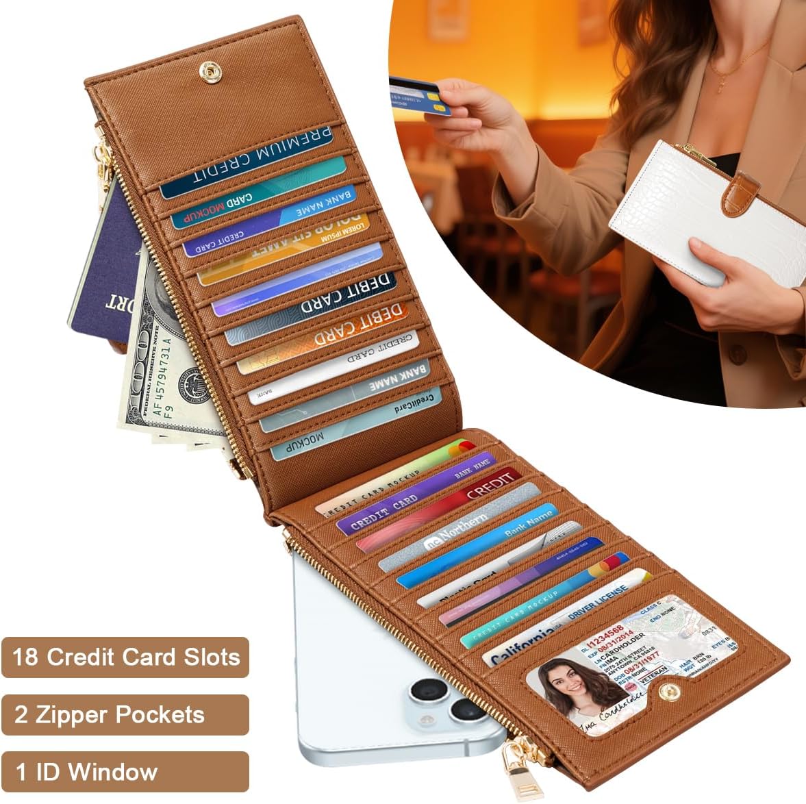 Large Capacity Wallets for Women Crocodile RFID Blocking 19 Card Slots Organizer Wallet Womens Billfold Long Purse Credit Cards Holder with Double Zipper,White & Brown image 2