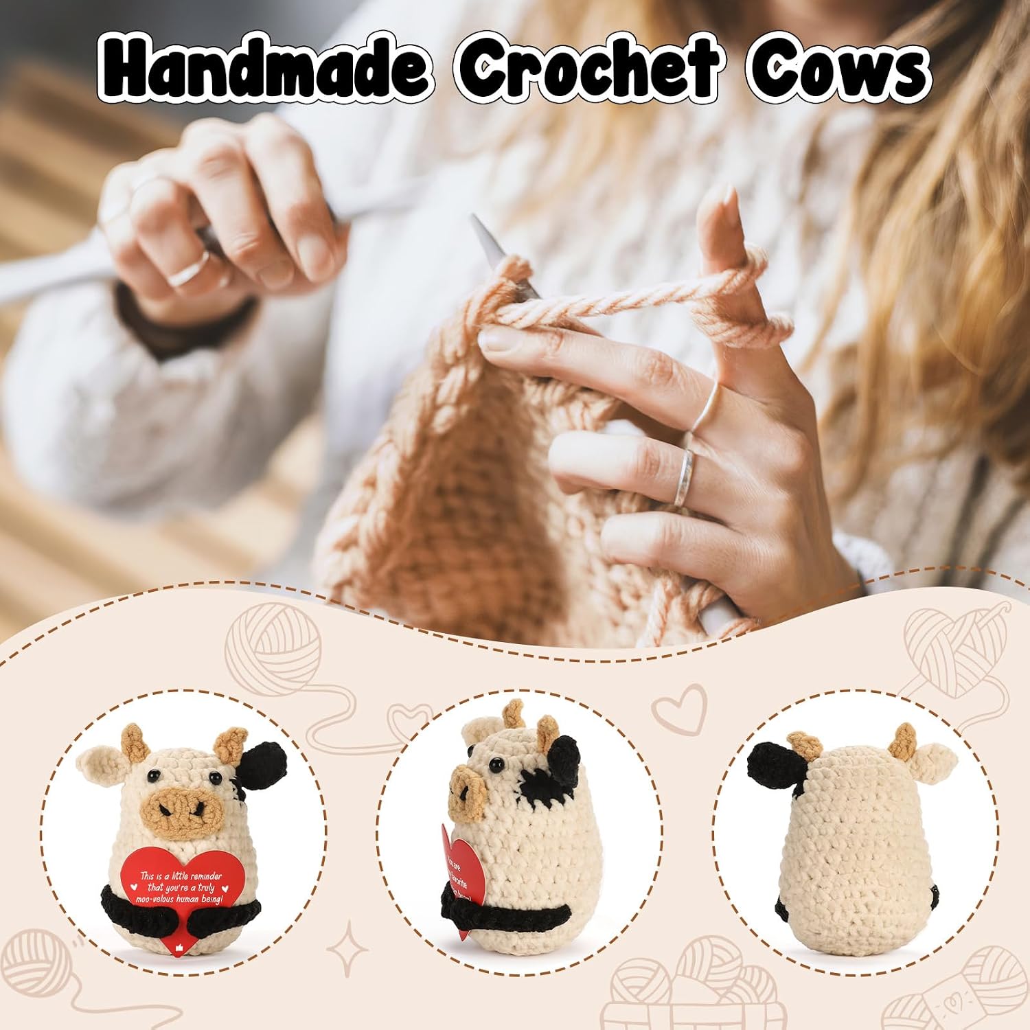 Mini Funny Inspirational Positive Crochet Cow Gifts - Thank You Appreciation Gift for Women Men Coworker Friends Teens Girl Teacher Mom - Handmade Small Cow Present for Christmas Birthday