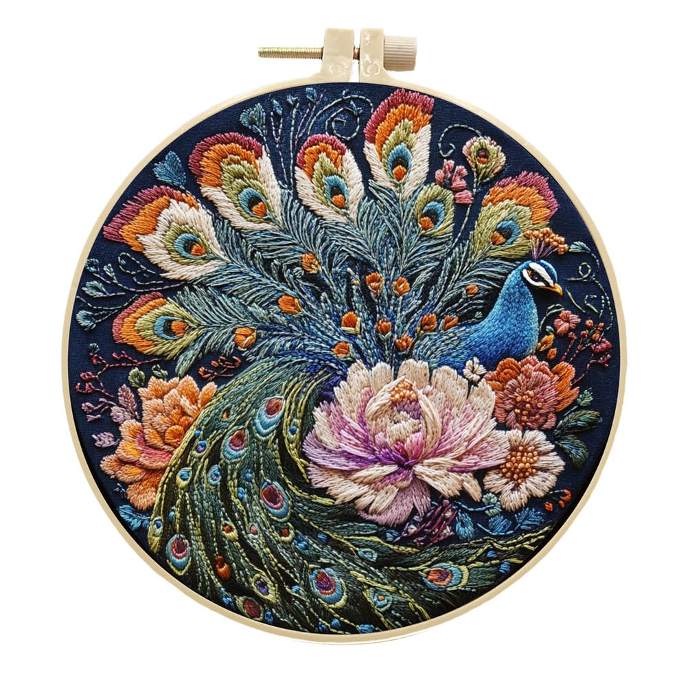 Meecaa Peacock 2 Embroidery Kit Starter Set, Peacock Animal Flower Hand Embroidery Set, Pattern Printed Cross Stitch Set For Beginner Adults, With Embroidery Hoop And Instructions (Peacock 2)