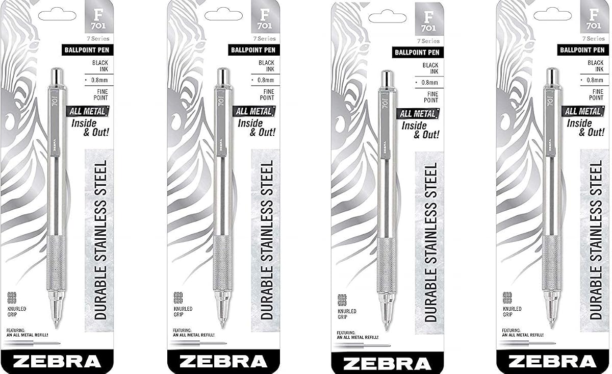 Zebra 29411 F-701 Ballpoint Stainless Steel Retractable Pen, Fine Point, 0.8mm, Black Ink (4)
