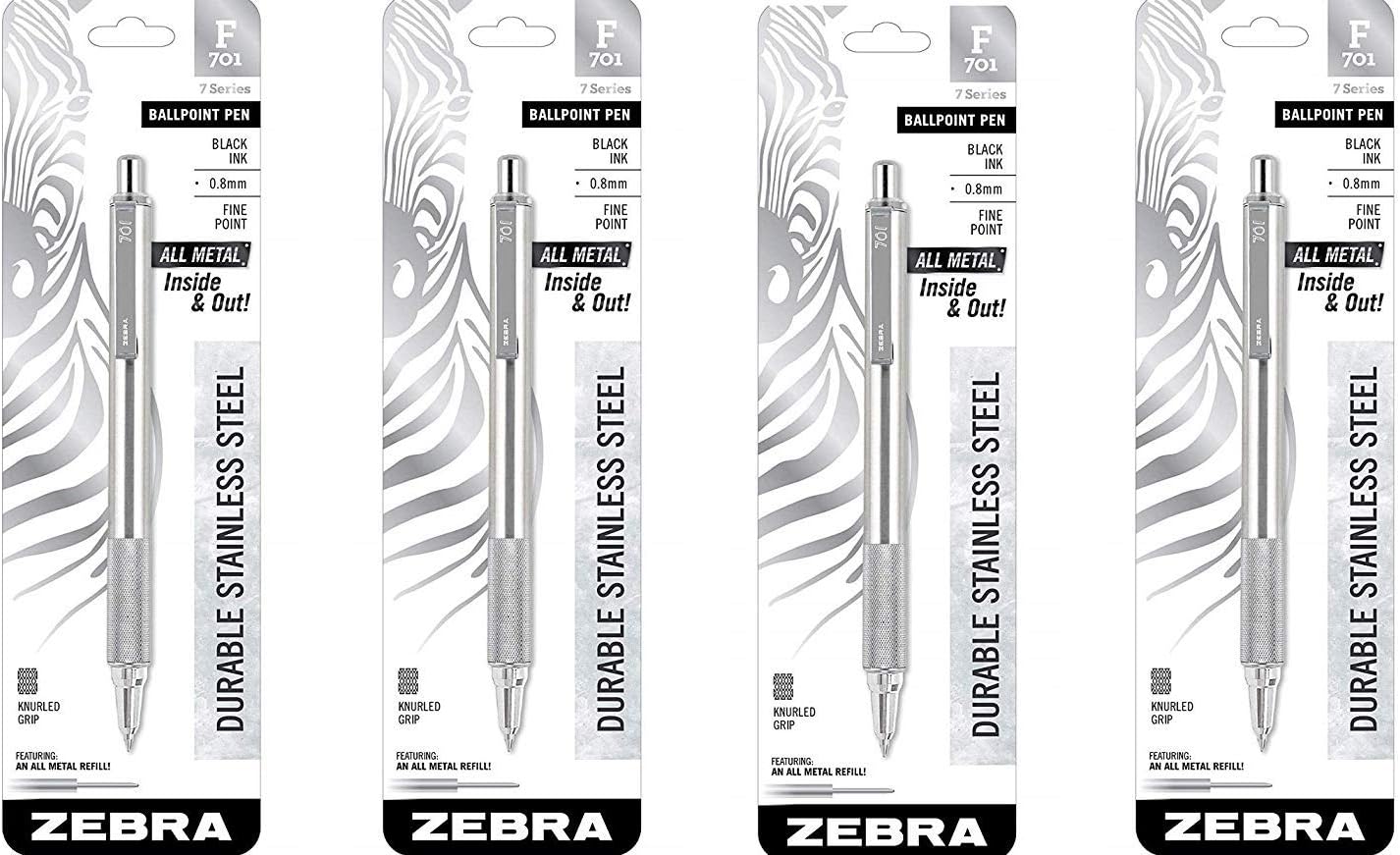 Zebra 29411 F-701 Ballpoint Stainless Steel Retractable Pen, Fine Point, 0.8mm, Black Ink (4)