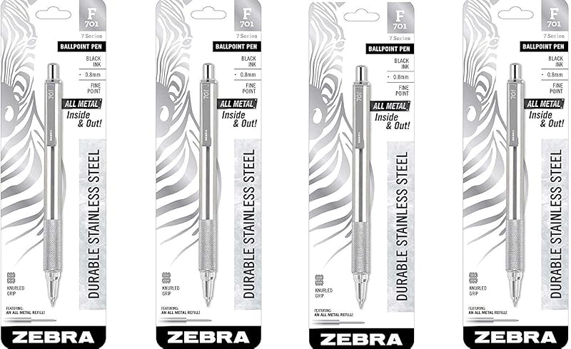 Zebra 29411 F-701 Ballpoint Stainless Steel Retractable Pen, Fine Point, 0.8mm, Black Ink (4)