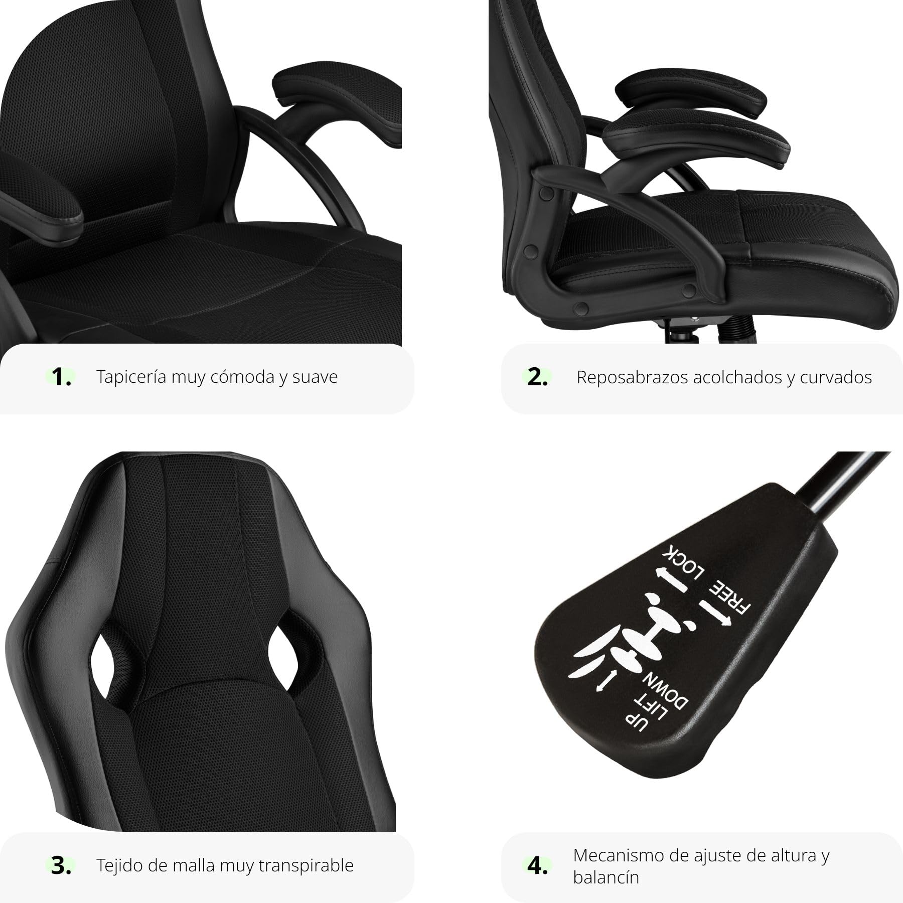 tectake® Silla Ergonómica Gaming, Silla de Estudio con Reposabrazos Ajustables, Mecanismo Basculante, Amortiguador de Gas, Giro de 360°, Office Chair, Acolchado Grueso, Gaming Setup - Negro/Negro