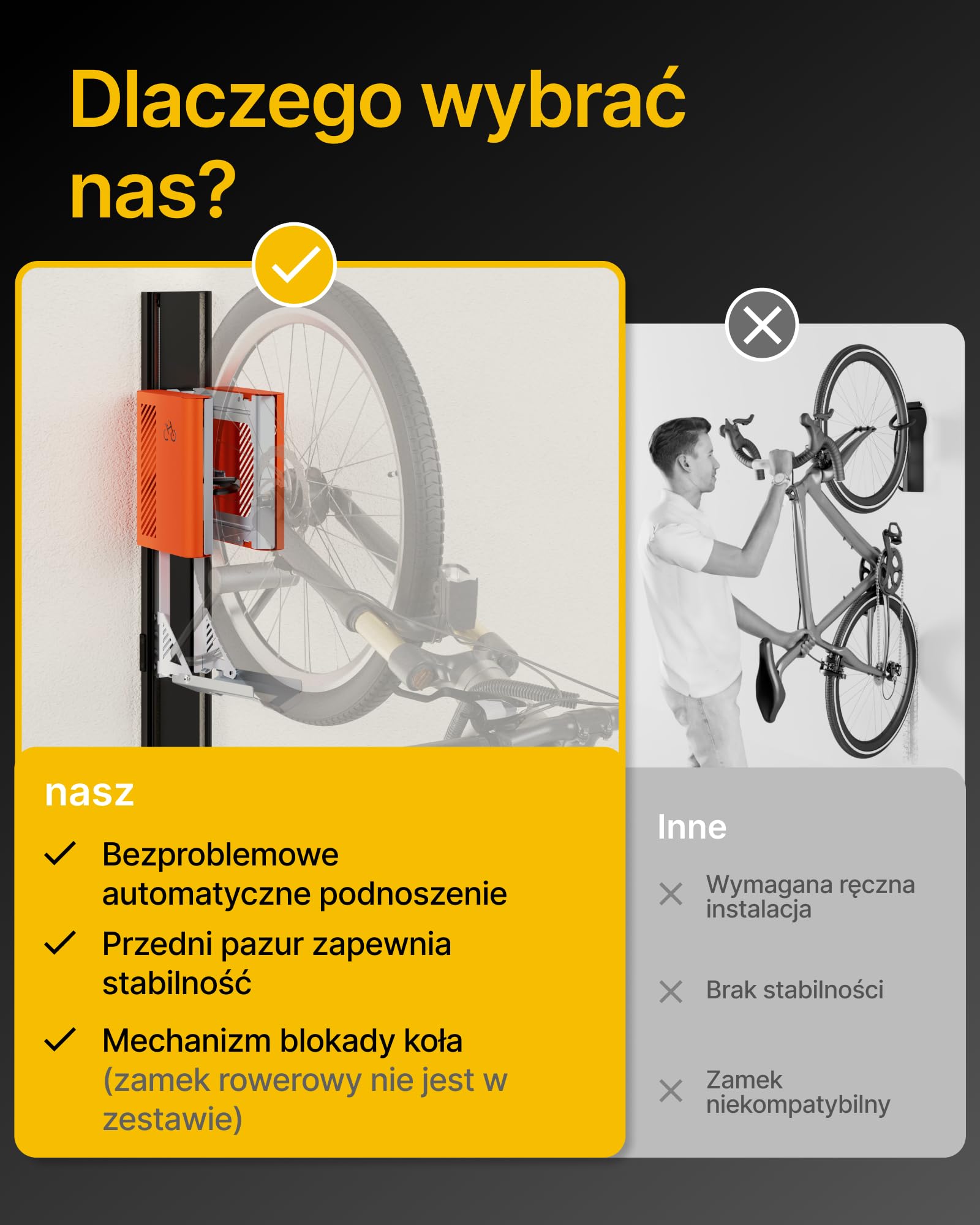 monTEK Automatyczny Uchwyt Rowerowy na Ścianę, Pionowy Wieszak Rowerowy do Opon 24-29 Cali, Udźwig do 32 kg, Oszczędność Miejsca w Garażu dla Rowerów Górskich, Szosowych i E-bike