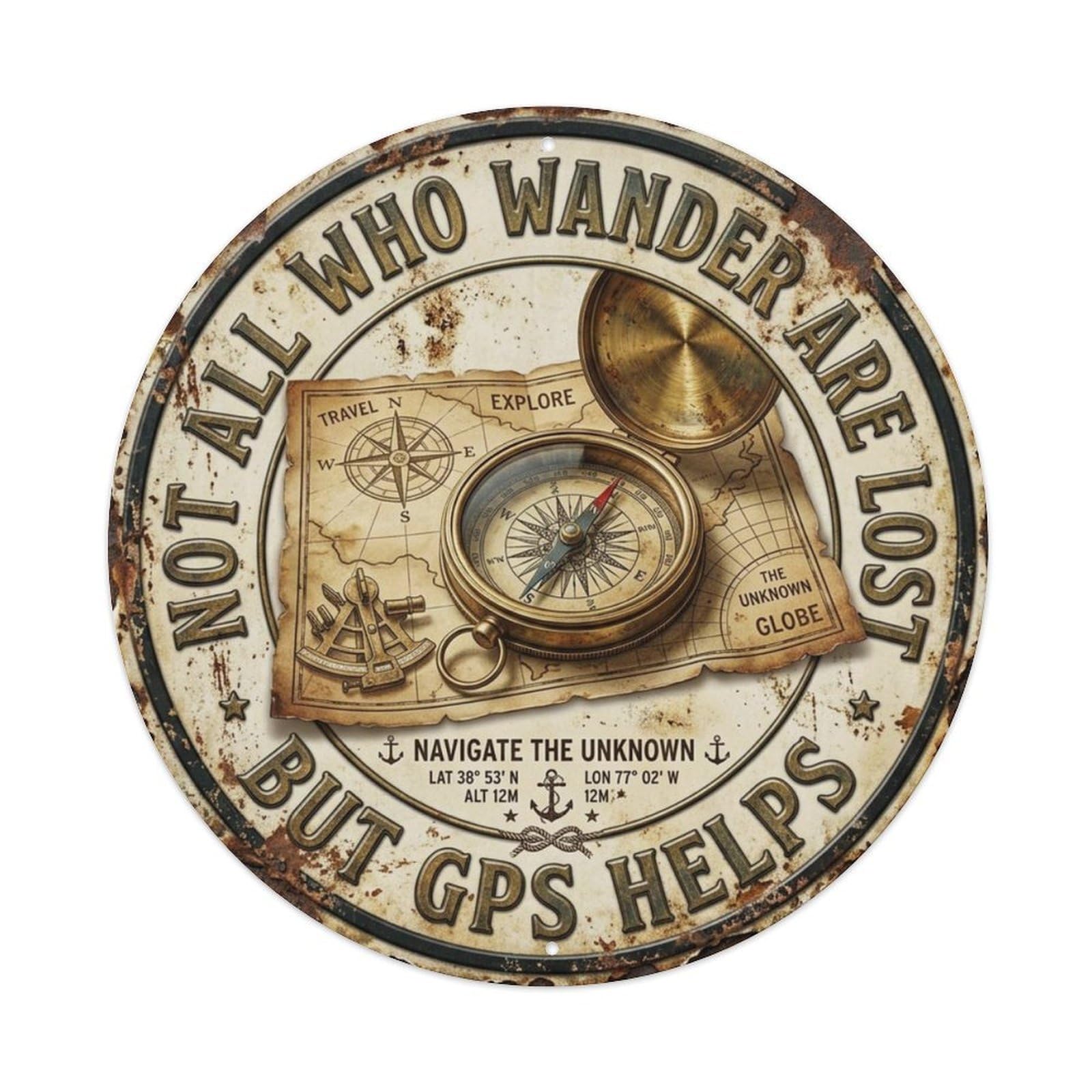 Compass Map Navigate Office Metal Tin Sign Plaque Wall Decor for Cafe, Club Bar, Office, Home Garden Round Metal Poster 8x8Inch