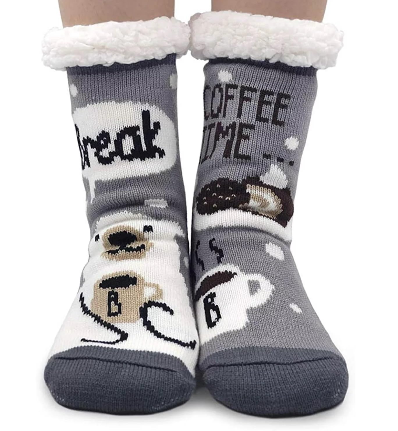 1 Pair Soft & Cozy Thermal Crew Slipper Winter Thick Warm Fleece Lined Floor Socks (Without Thumb) for Girls/Ladies/Women Boot Socks (Grey Coffee Time)-image-47