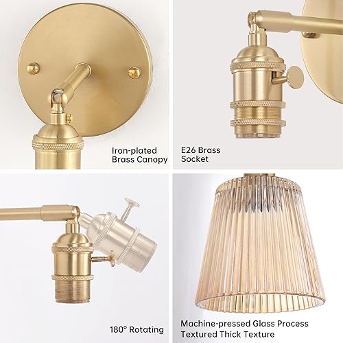 Miniatura 4 de Juego de 2 apliques de pared vintage con pantalla de vidrio a rayas ámbar, apliques de latón ajustables de 180 grados, con cable de iluminación,