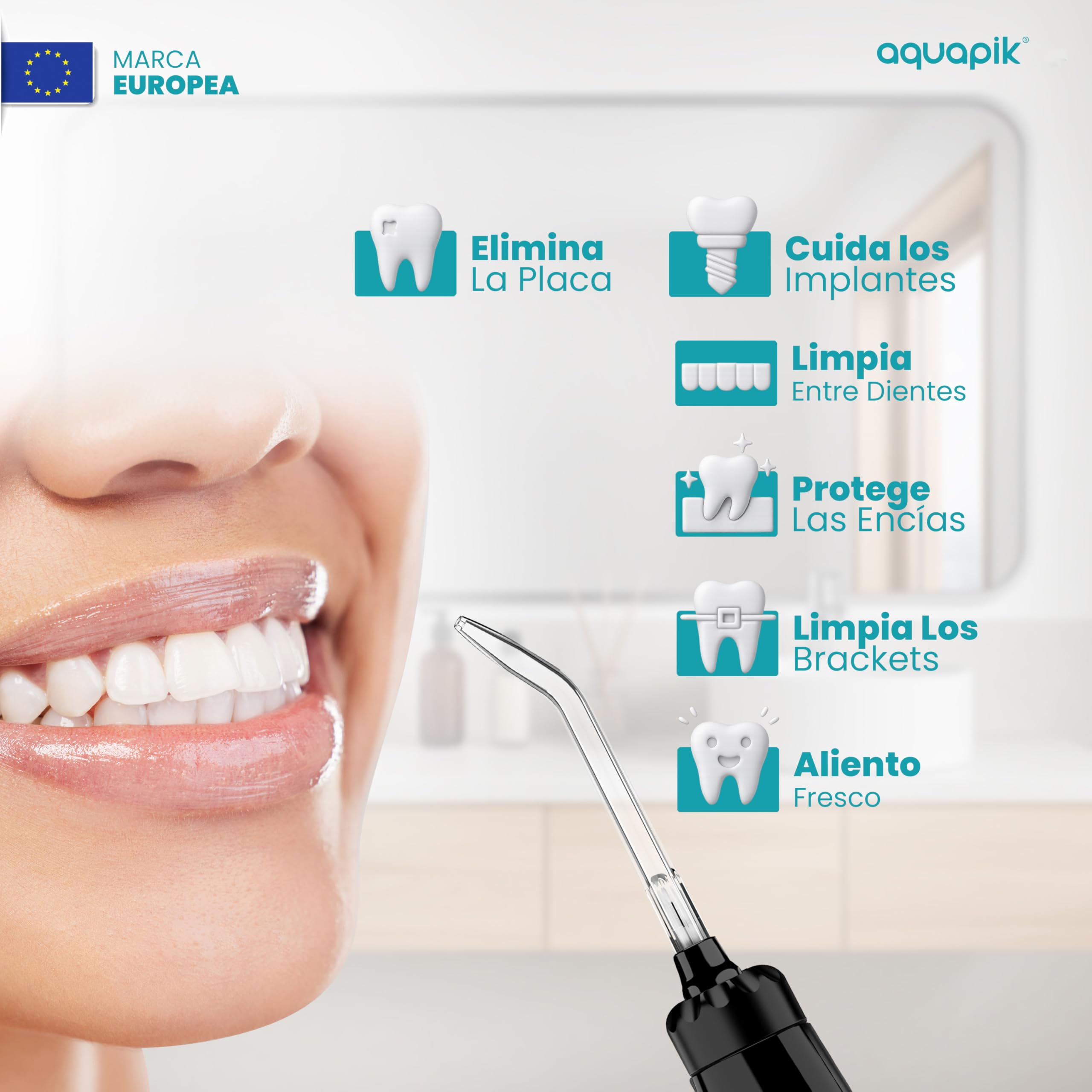 Aquapik® ADVANCED irygator do jamy ustnej, idealny do ortodoncji, implantów i wrażliwych dziąseł, zestaw wybielający + 8 ust, 10 poziomów ciśnienia, zalecany przez dentystów (czarny)