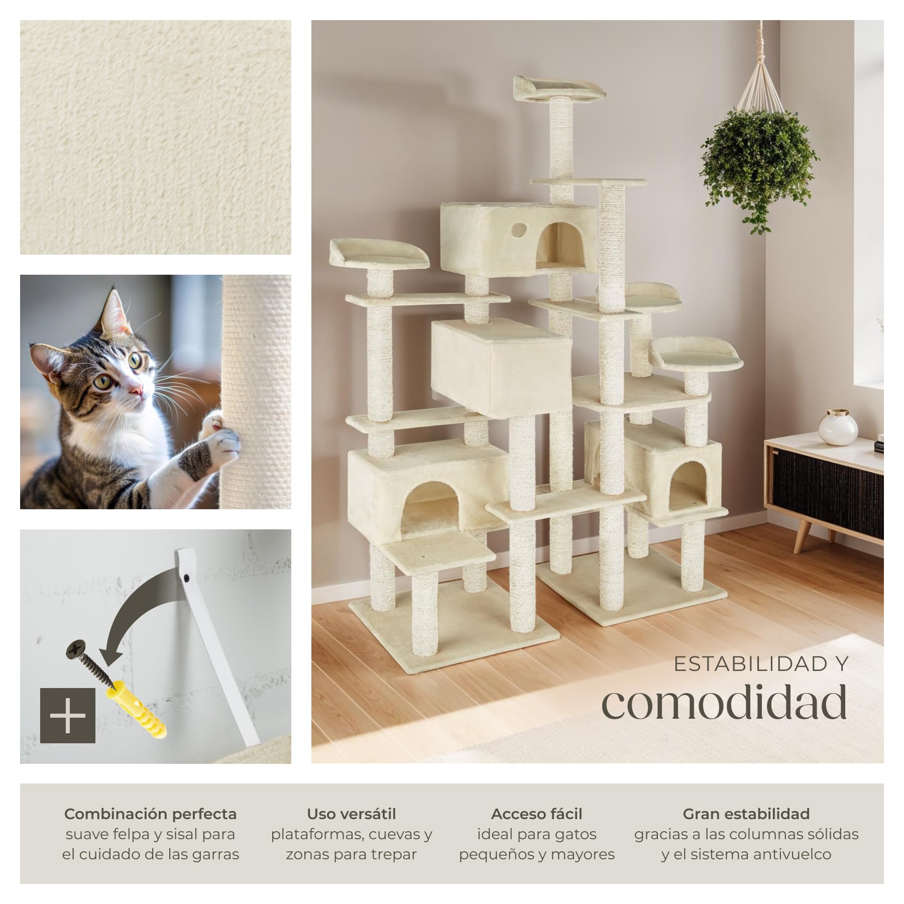 tectake® Albero Tiragraffi per Gatti con 4 Piattaforme, 4 Casette Accoglienti, Tiragraffi Gatto con Diversi Piani di Gioco, 2 Piastre di Base, Colonne in Sisal - Beige