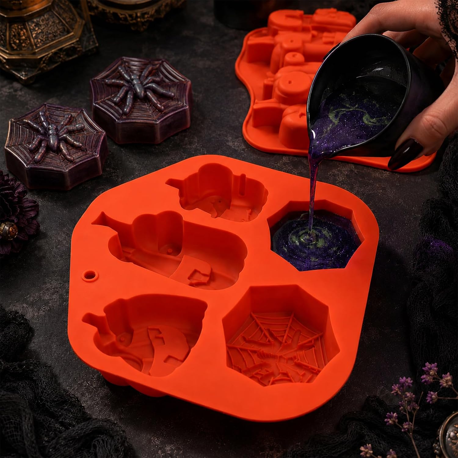 2 Pack Halloween Silicone Molds Halloween Soap Silicone Mold Pumpkin Silicone Mold Spider Silicone Mold for Chocolate Ice Handmade Soap Candle Making Epoxy Resin Bath Bombs Halloween DIY Crafts Decor