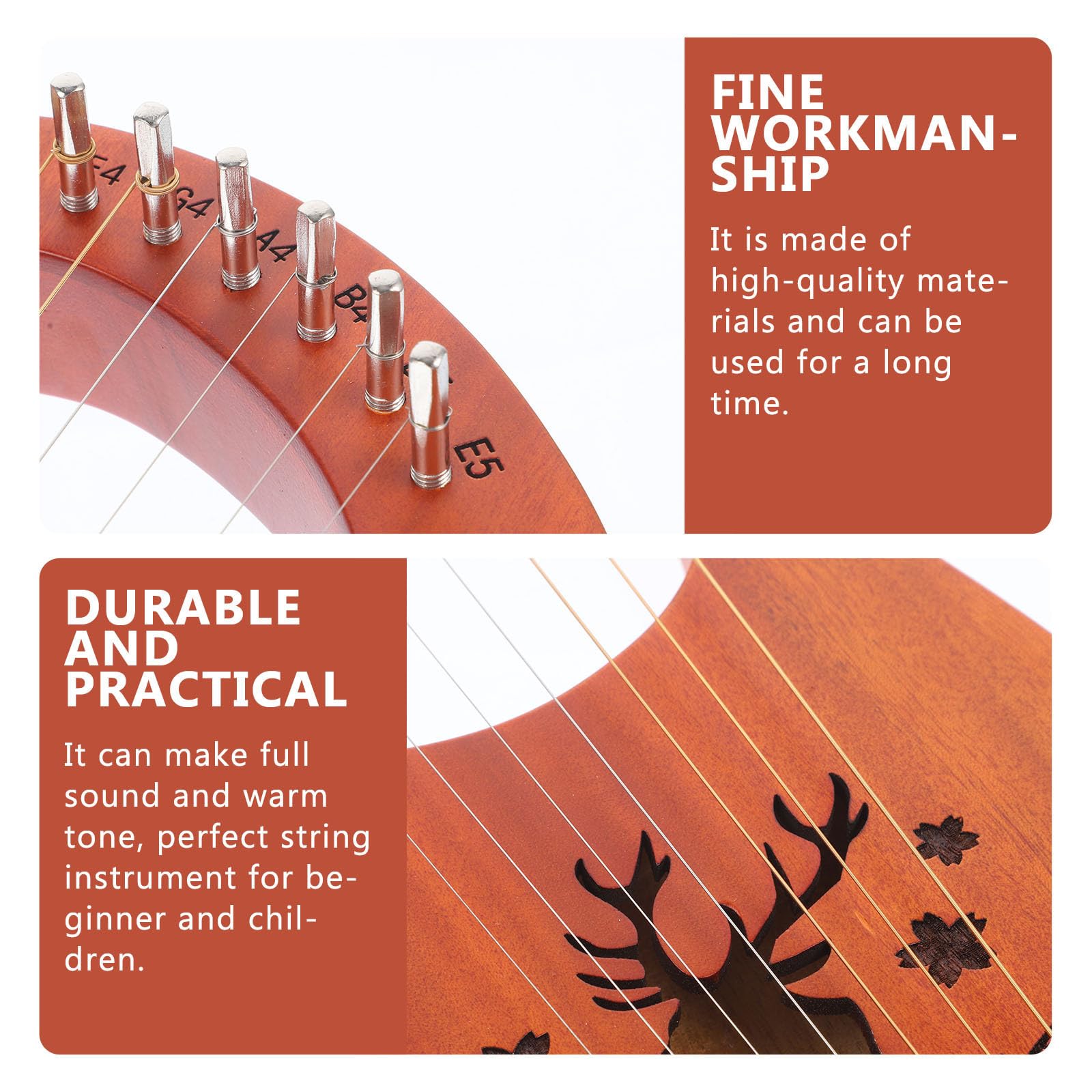 Strumento Musicale Lira per Principianti 7 Corde in Legno e Rame, Design Creativo Bordi Arrotondati, Sicuro e Comodo da Tenere,