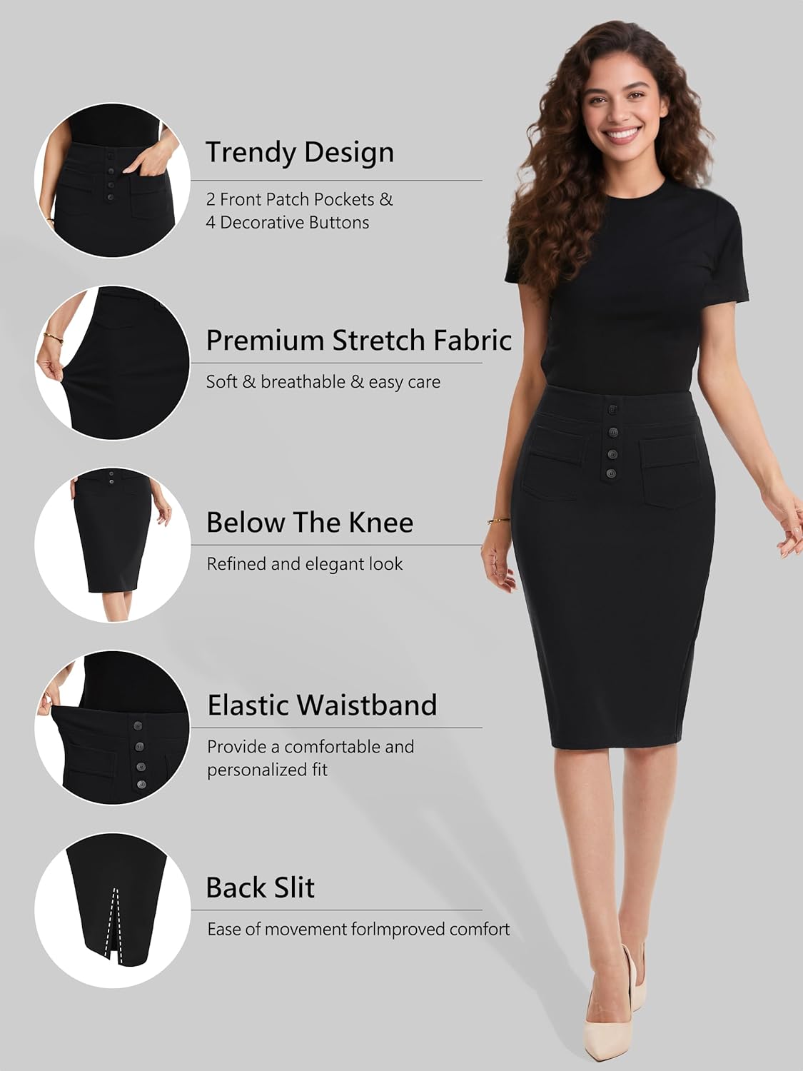 SEVEGO Women's Pencil Skirt Stretch High Waist Below Knee Bodycon for Office Casual with Patch Pockets - Image 3