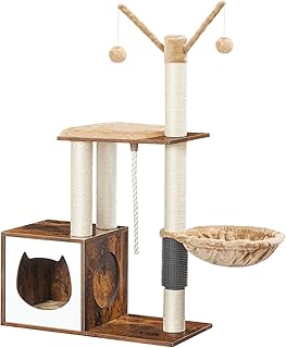 HOOBRO Cat Tree, Cat Tower for Indoor Cats, Wooden Cat House with Cat Scratching Posts, Cat Condo, Cat Hammock, Top Perch, Washable Removable Cushion, Cat Self Groomer, Rustic Brown FG63CT03