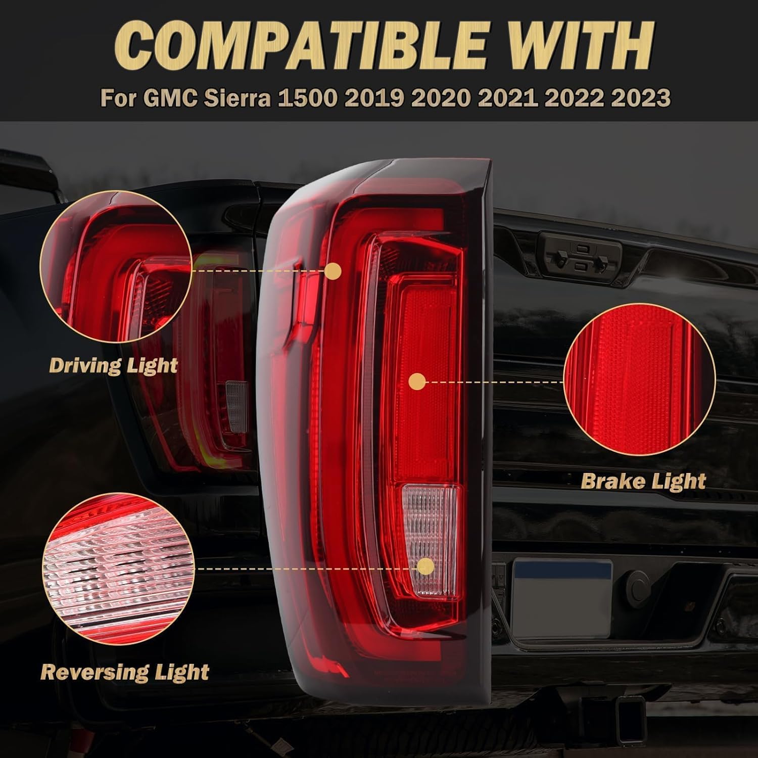 LED Tail Light Assembly Compatible with 2019-2023 GMC Sierra 1500 2500 HD 3500 HD Left Driver Side Rear Lamp Brake Light Tailight Replace GM2800310 84968740 86820473-Factory LED Taillights Models