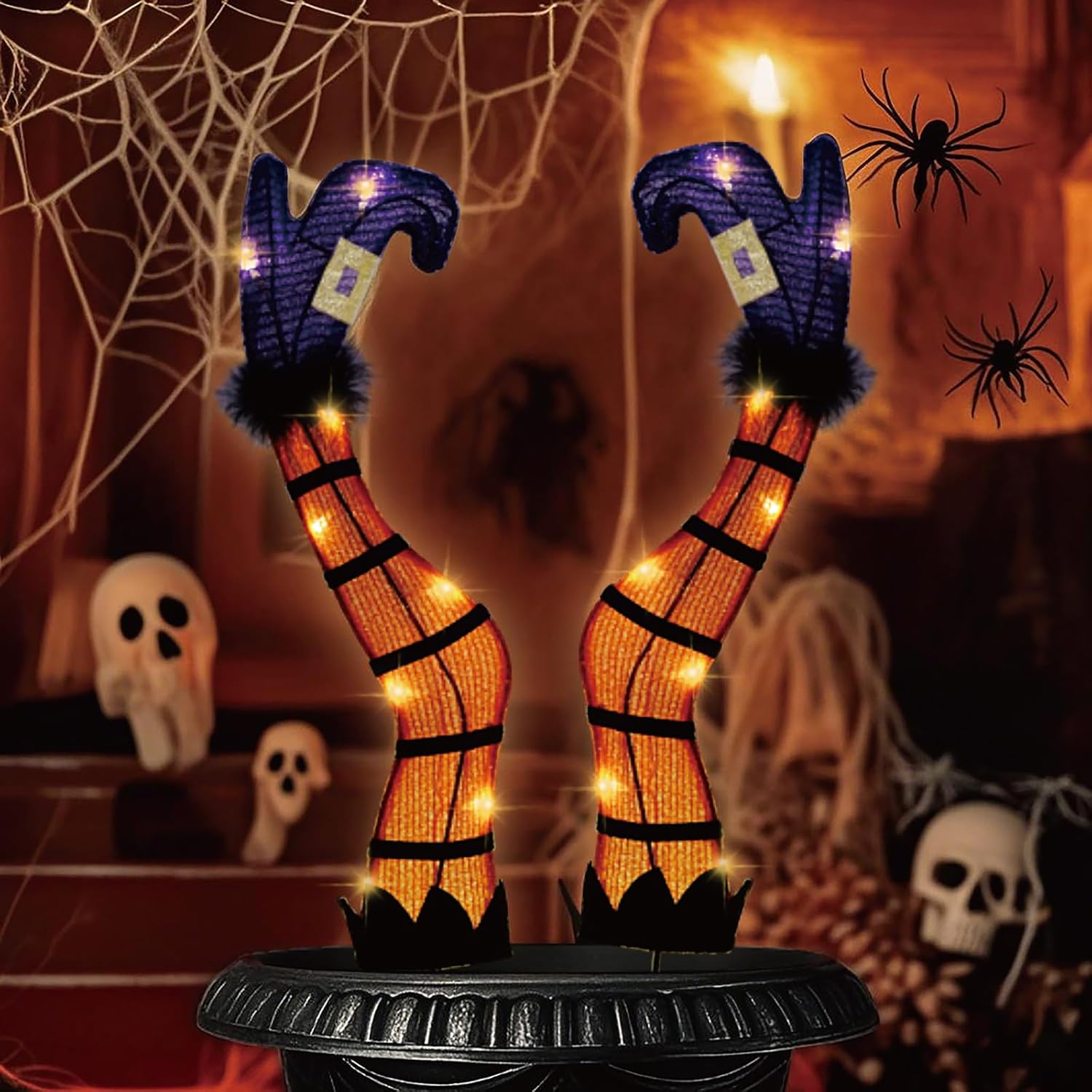 halloween lighted witch legs with stakes, 22" light up witch feet with timer & 8 lighting modes, battery operated witch decor for indoor outdoor porch planter garden decor(17" leg+5" stake) 22" witch legs