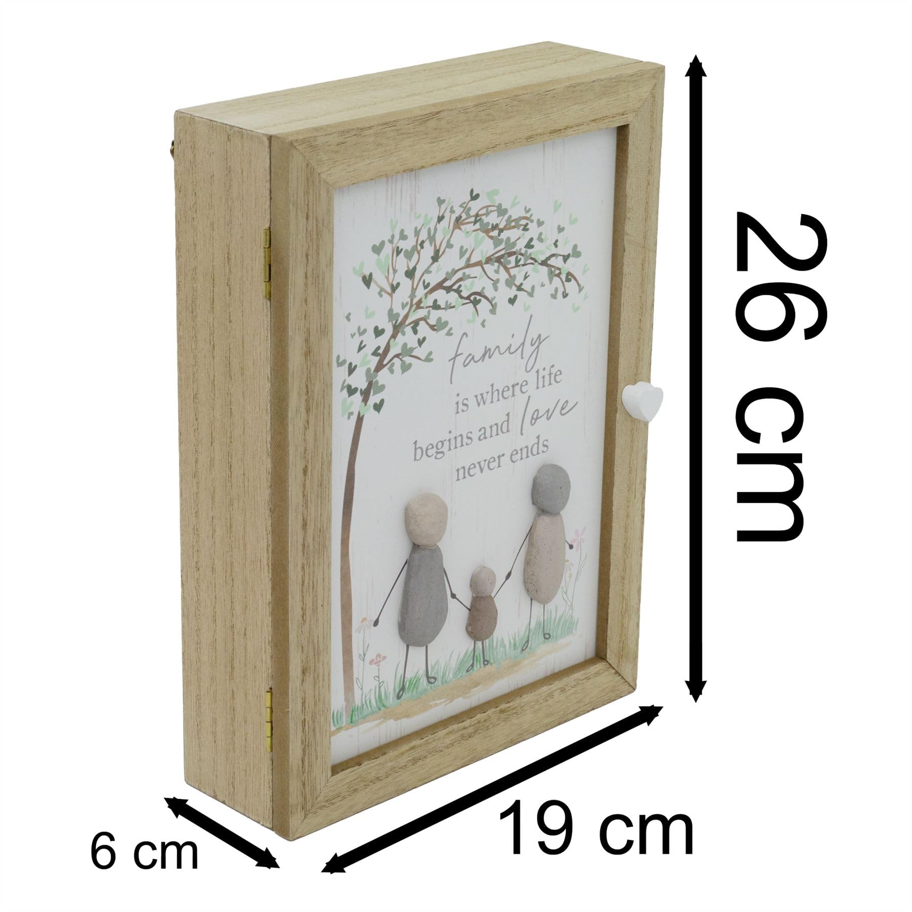 Pebble Family Key Box - Armario de madera para llaves de árbol genealógico Shabby Chic, armario para llaves montado en la pared con 6 ganchos para llaves, 19 x 26 cm