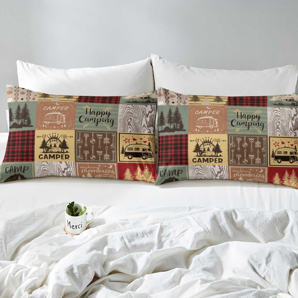 Homewish Camper Bettbezug 135x200 - Happy Camping Etagenbettwäsche Blau Grau