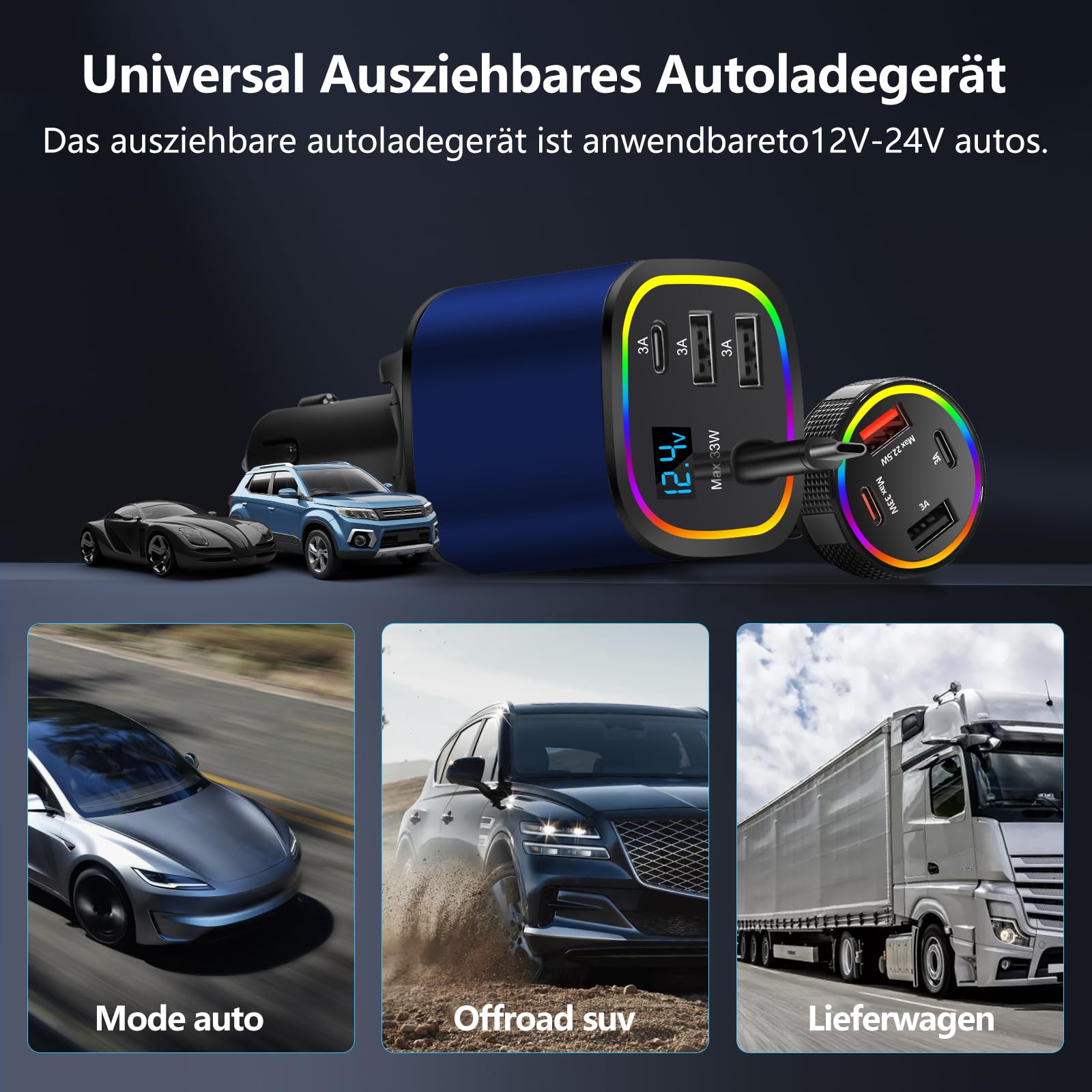 Ładowarka samochodowa USB C, 4 w 1, chowana, 78 W, szybkie ładowanie, ładowarka USB C, adapter do zapalniczki samochodowej, adapter typu C na L do iOS/Android