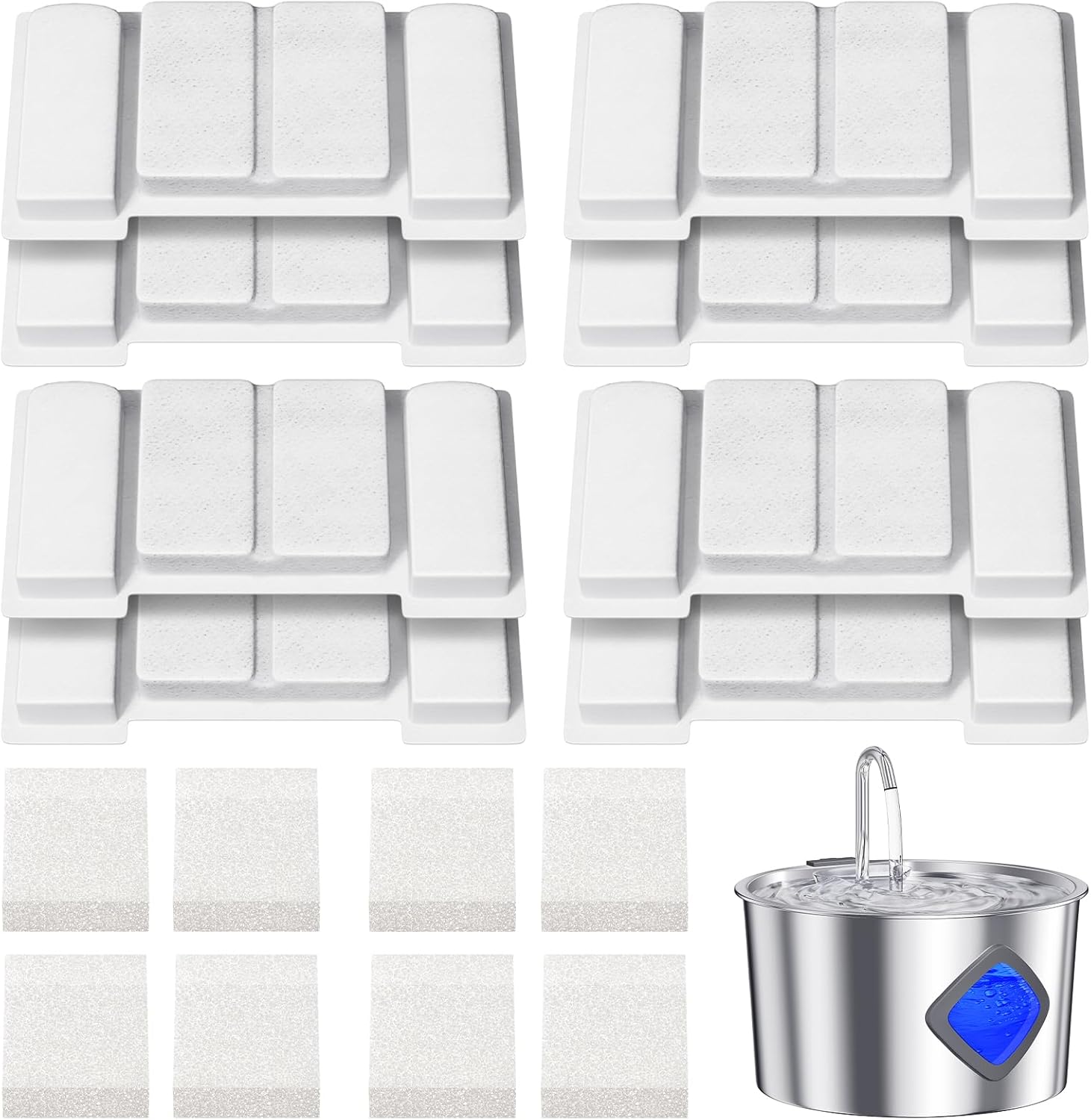 3.2L cat Water Fountain with 4 Filters and sponges, and a Bundled Product with 8 Filters + 8 sponges.