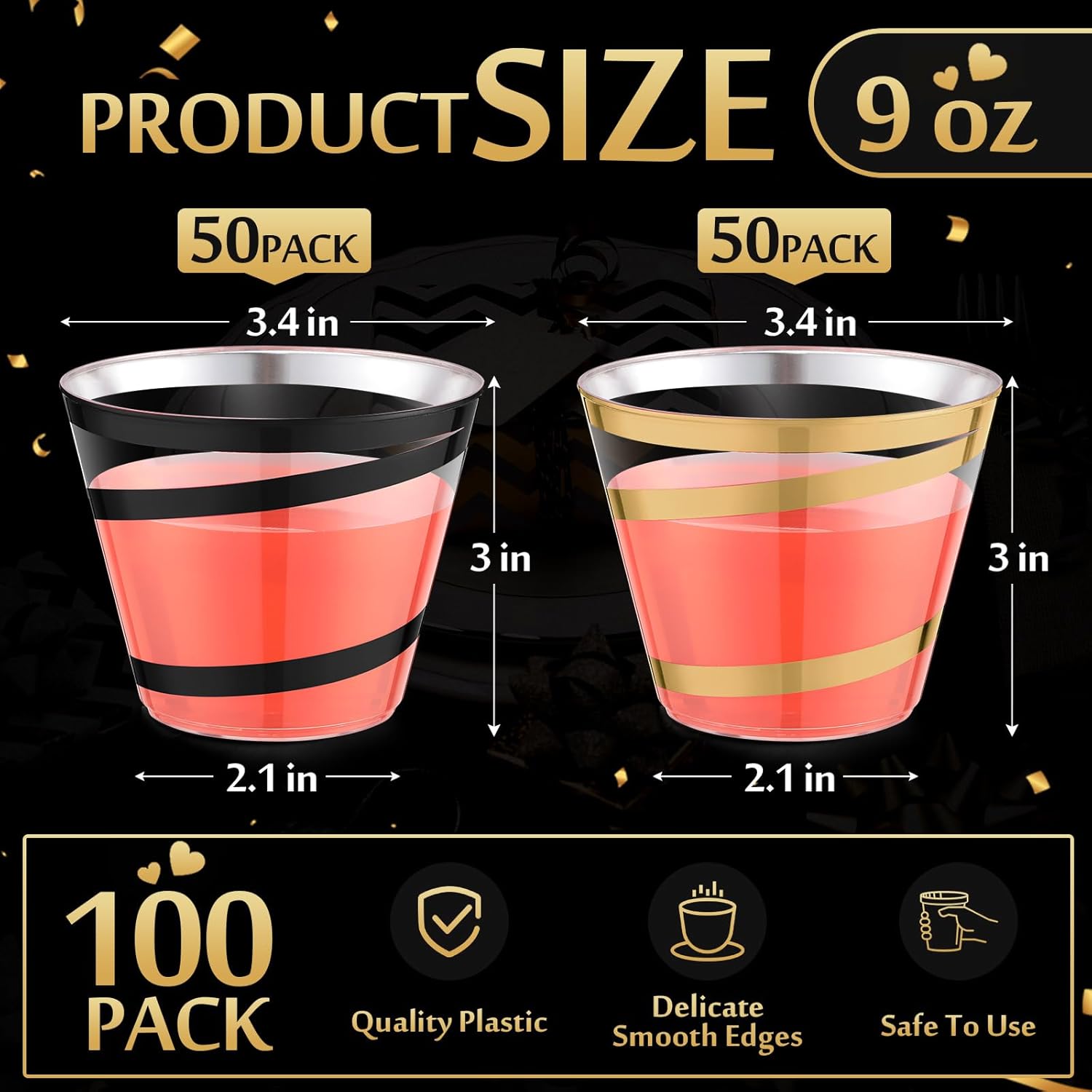 Gejoy 9 oz Rimmed Swirl Plastic Cups Disposable Wine Drinking Cups Clear Elegant Halloween Tumblers for Christmas Party Supplies(Black, Gold,100 Pcs) - Image 2