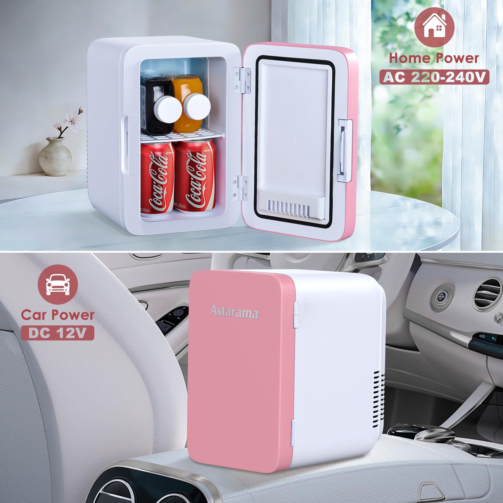 Astarama Nevera Pequeña,6 Litros/8 Latas, 220V AC/12V DC, Enfriador y Calentador Termoeléctrico, Mini Nevera Compatible Coche y Caravanas.Mini Frigorifico Para Bebidas, Cosméticos. (Rosa) - 4