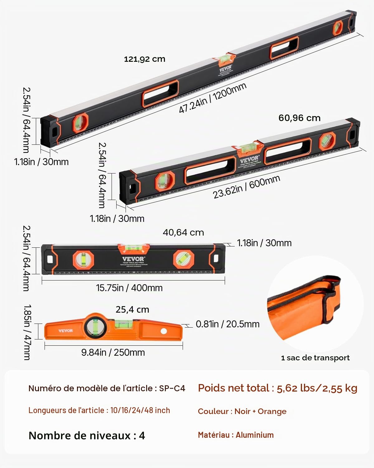 VEVOR Niveau à Torpille Magnétique 4PCS, 48/24/16/10 po, avec Flacons à Bulles, Mesure à 45/90/180 degrés, Outil de Nivellement en Alliage d'Aluminium, Résistance aux Chocs, Mesure SAE et Métrique