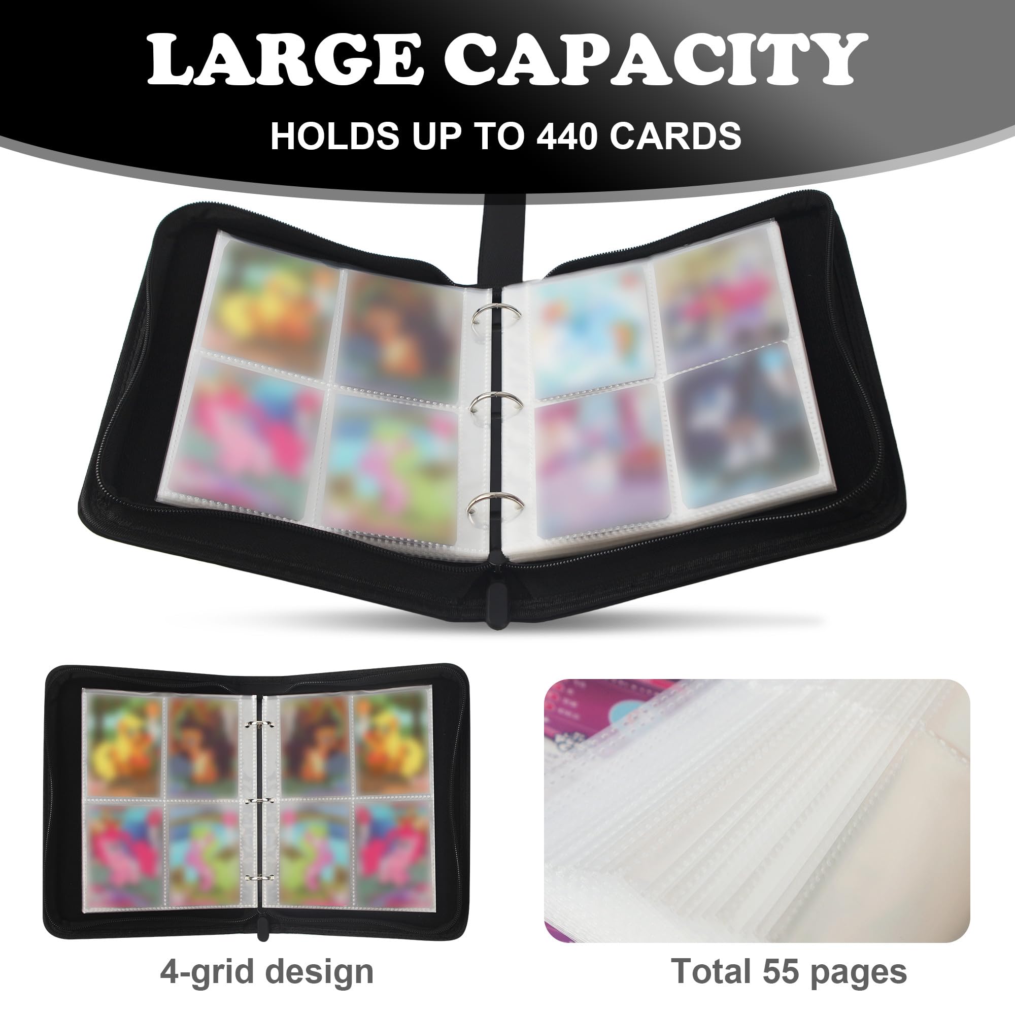 Raccoglitore Carte Magic,440 Tasche Album Porta Carte,55 Pagine Raccoglitore di Carte con cerniera,Nero，Grande capacità, adatto per le carte di gioco preferite, le carte magiche e da poker