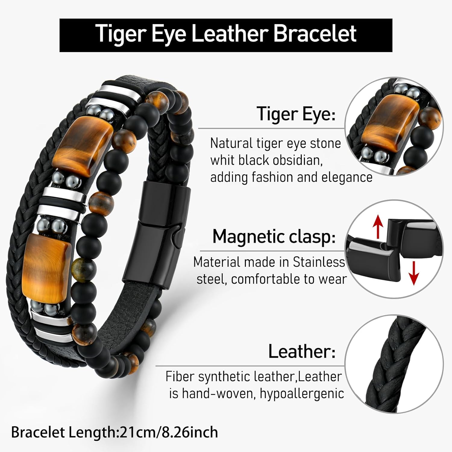 Mens Tiger Eye Leather Bracelet, Natural Tiger Eye Stone Beads Multi-Layer Braided Cuff Bracelets for Men, Stainless Steel with Buckle Memorial Bangle Gifts for Him - Image 4